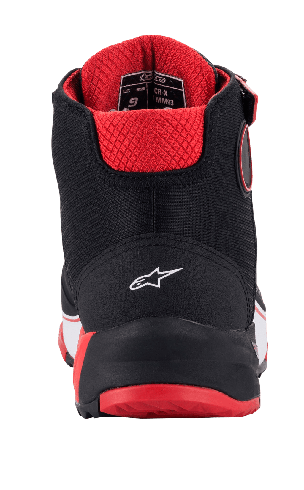 Scarpe da moto Alpinestars MM93 CR-X Drystar®, vista posteriore, nero, rosso e bianco, con logo a stella bianco sul tallone, fodera interna trapuntata rossa e suola rossa, calzatura protettiva da moto