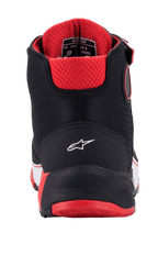 Scarpe da moto Alpinestars MM93 CR-X Drystar®, vista posteriore, nero, rosso e bianco, con logo a stella bianco sul tallone, fodera interna trapuntata rossa e suola rossa, calzatura protettiva da moto