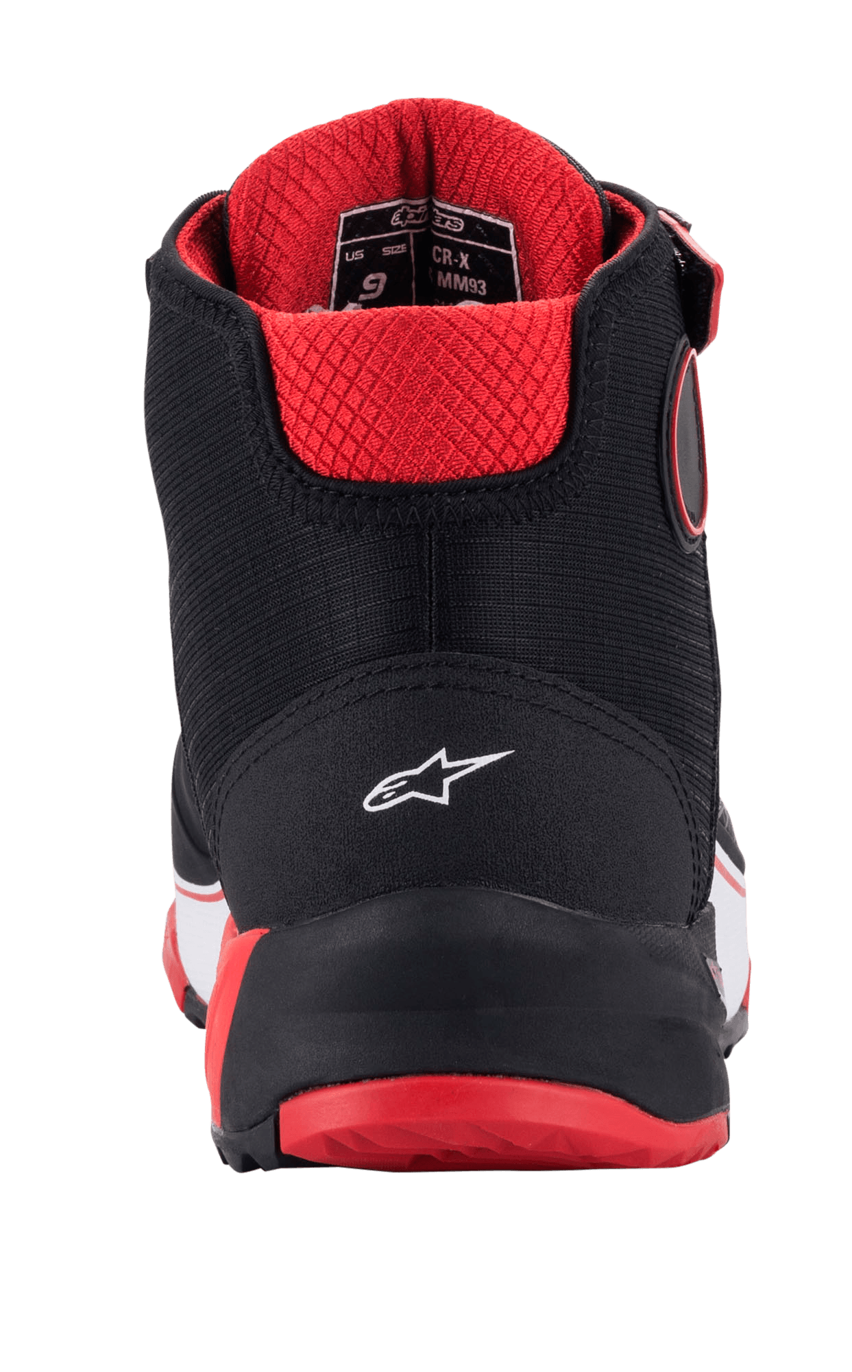 Scarpe da moto Alpinestars MM93 CR-X Drystar®, vista posteriore, nero, rosso e bianco, con logo a stella bianco sul tallone, fodera interna trapuntata rossa e suola rossa, calzatura protettiva da moto