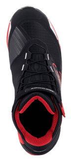 Scarpe da moto Alpinestars MM93 CR-X Drystar®, nero, rosso e bianco, vista dall'alto, interno imbottito rosso, tomaia nera con accenti rossi, lacci e cinturino alla caviglia in velcro, scarpe da moto impermeabili e protettive