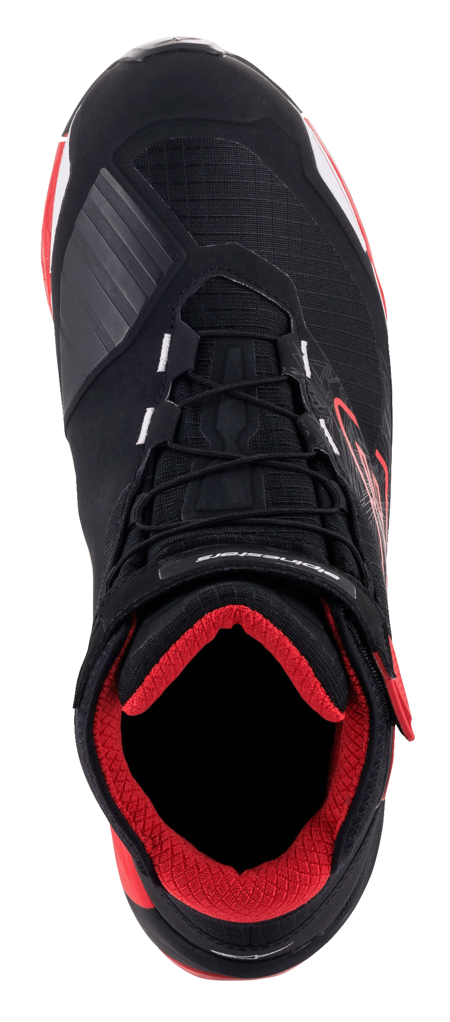 Scarpe da moto Alpinestars MM93 CR-X Drystar®, nero, rosso e bianco, vista dall'alto, interno imbottito rosso, tomaia nera con accenti rossi, lacci e cinturino alla caviglia in velcro, scarpe da moto impermeabili e protettive