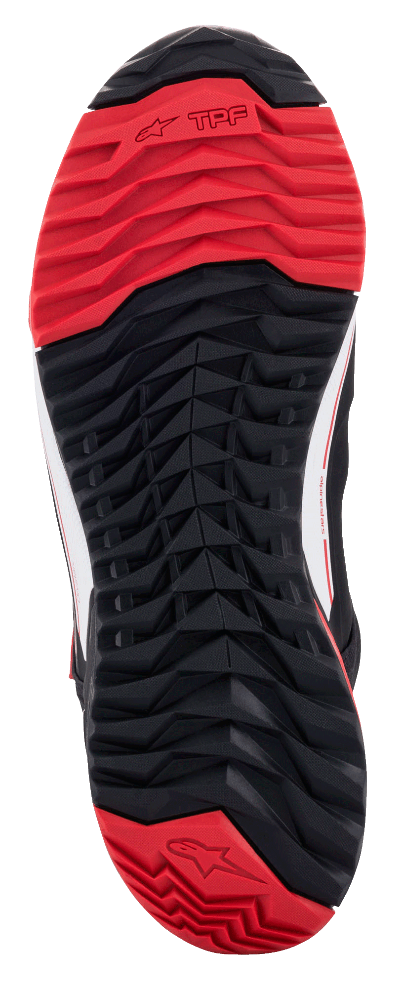 Alpinestars MM93 CR-X Drystar® Riding Shoes, vista della suola, nero e rosso, con configurazione asimmetrica dei tacchetti per l'aderenza, mescola di gomma resistente all'olio e marchio Alpinestars sul tallone.