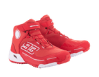 Scarpe da moto Alpinestars MM93 CR-X Drystar®, rosso acceso e bianco, vista laterale, grafica '93' sul lato, logo Alpinestars sul cinturino, suola tecnica bianca, silhouette ispirata alle scarpe da running per l'uso in moto