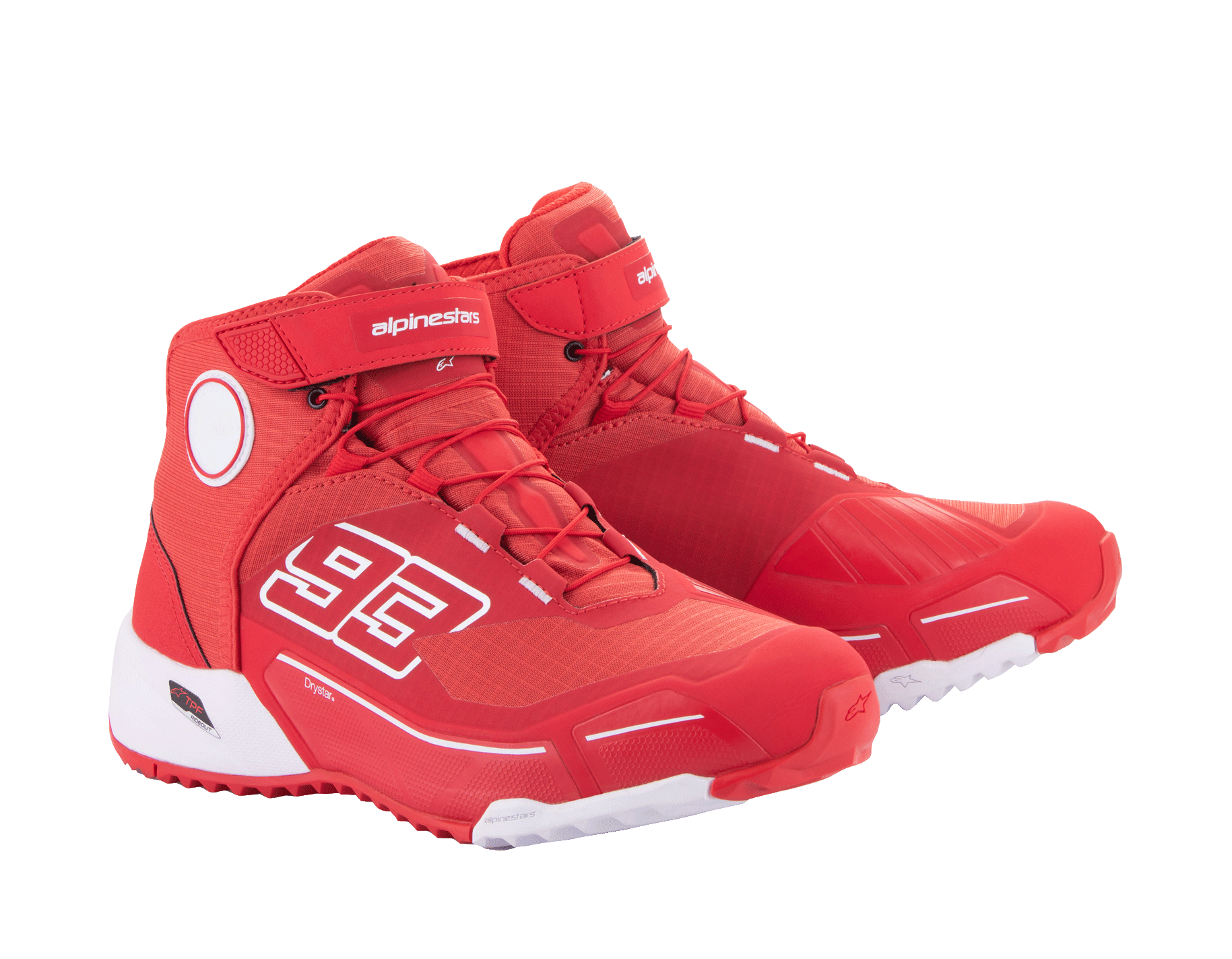 Scarpe da moto Alpinestars MM93 CR-X Drystar®, rosso acceso e bianco, vista laterale, grafica '93' sul lato, logo Alpinestars sul cinturino, suola tecnica bianca, silhouette ispirata alle scarpe da running per l'uso in moto