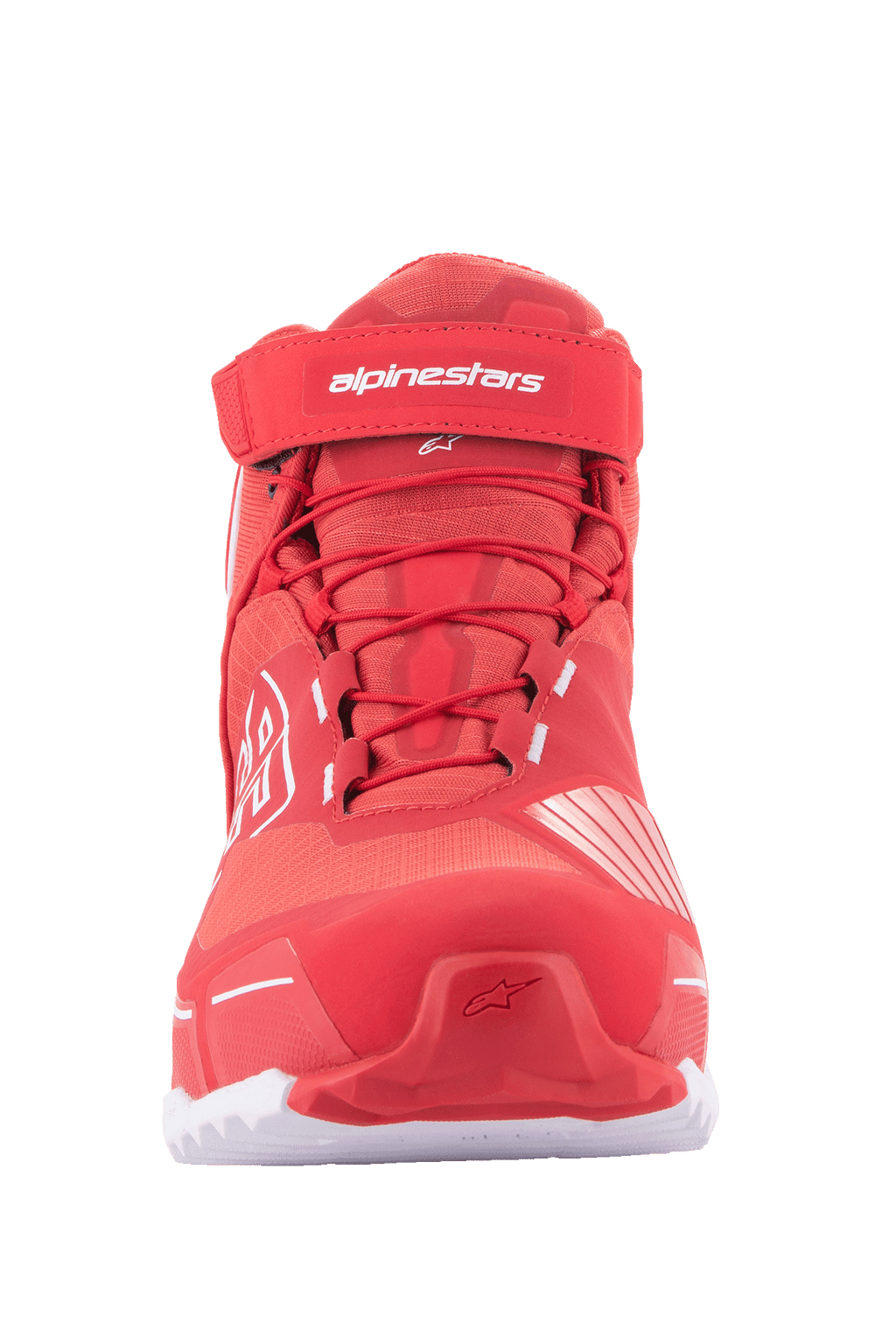 Alpinestars MM93 CR-X Drystar® Riding Shoes, scarpe da moto, rosso acceso e bianco, vista frontale con lacci rossi, cinturino alla caviglia in velcro con logo Alpinestars bianco e silhouette sportiva ispirata alle scarpe da corsa.
