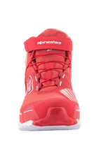 Alpinestars MM93 CR-X Drystar® Riding Shoes, scarpe da moto, rosso acceso e bianco, vista frontale con lacci rossi, cinturino alla caviglia in velcro con logo Alpinestars bianco e silhouette sportiva ispirata alle scarpe da corsa.