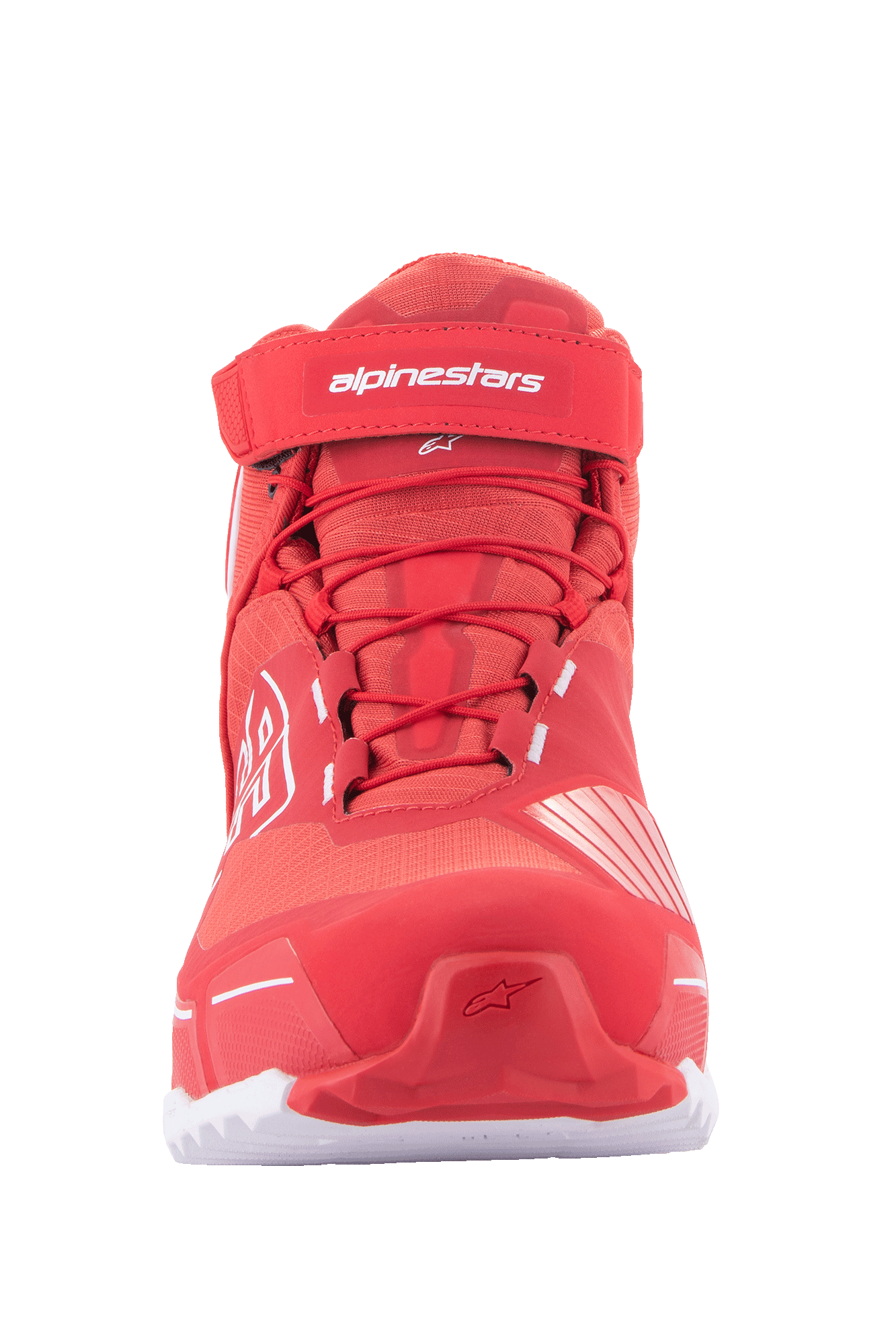 Alpinestars MM93 CR-X Drystar® Riding Shoes, scarpe da moto, rosso acceso e bianco, vista frontale con lacci rossi, cinturino alla caviglia in velcro con logo Alpinestars bianco e silhouette sportiva ispirata alle scarpe da corsa.