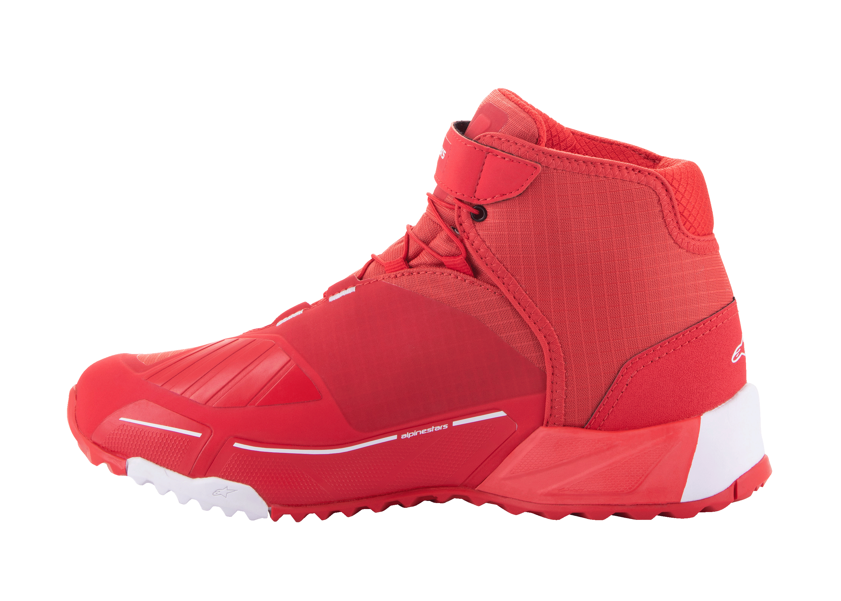 Alpinestars MM93 CR-X Drystar Riding Shoes, scarpe da moto, rosso vivace e bianco, vista laterale del profilo, design sportivo ed elegante con protezione per il cambio rinforzata, accenti bianchi su tallone e punta su suola rossa, calzature per guida urbana
