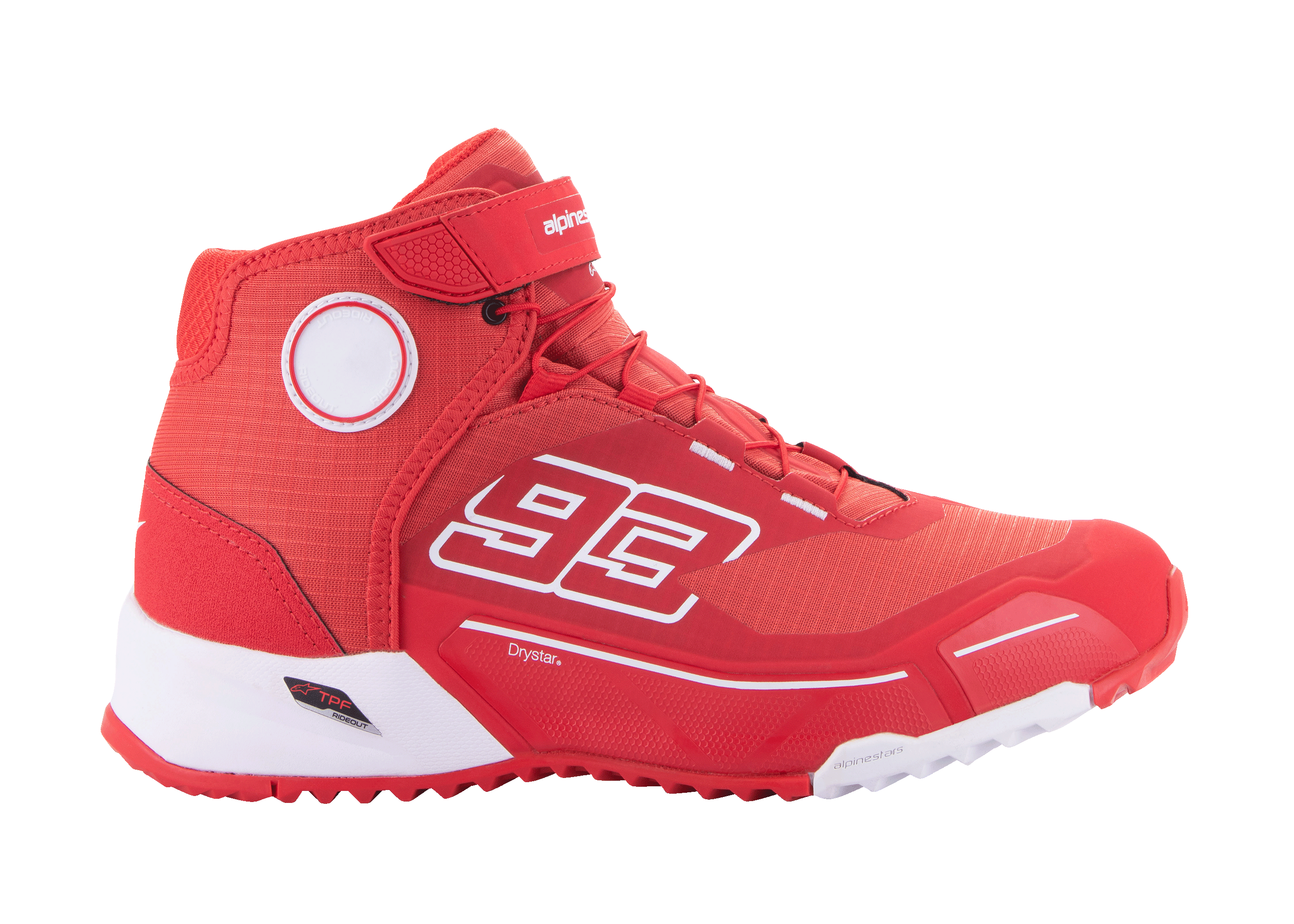 Alpinestars MM93 CR-X Drystar scarpe da moto, calzature urbane da motociclismo, rosso vivace e bianco, design alto con il numero 93 di Marc Márquez, tecnologia impermeabile Drystar, tomaia in tessuto testurizzato con intersuola in EVA bianca e suola in gomma rossa, chiusura con cinturino in velcro e lacci