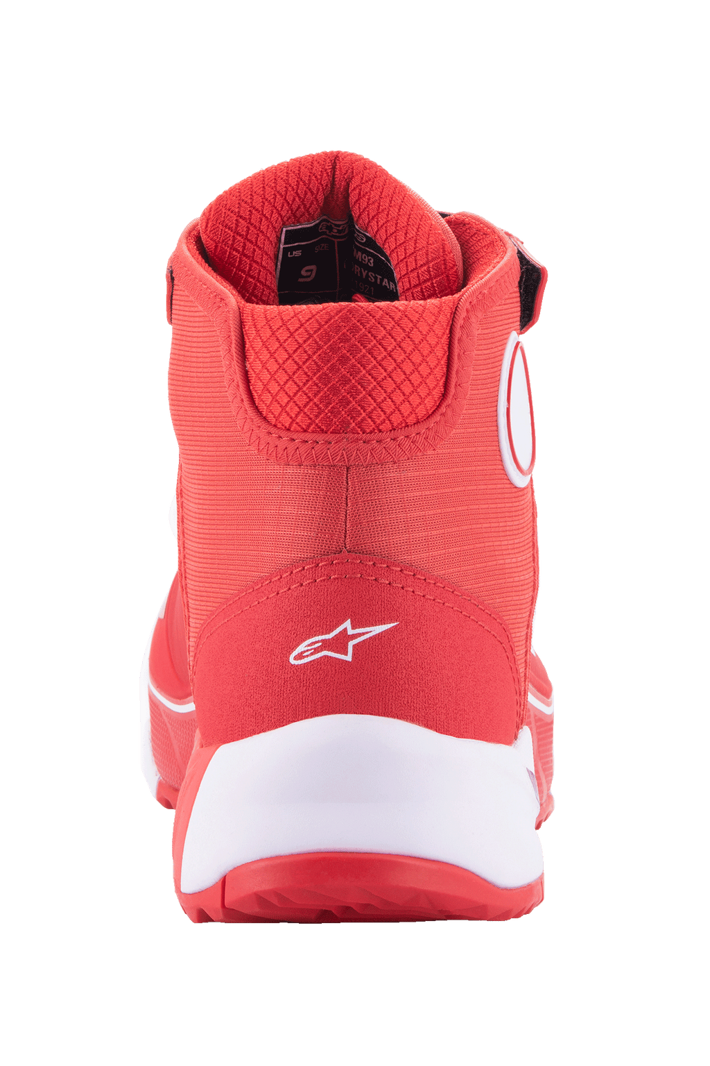 Scarpe da moto Alpinestars MM93 CR-X Drystar®, rosso vivace e bianco, vista posteriore del tallone con logo Alpinestars bianco, intersuola bianca spessa e collarino in mesh rosso imbottito