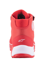 Scarpe da moto Alpinestars MM93 CR-X Drystar®, rosso vivace e bianco, vista posteriore del tallone con logo Alpinestars bianco, intersuola bianca spessa e collarino in mesh rosso imbottito
