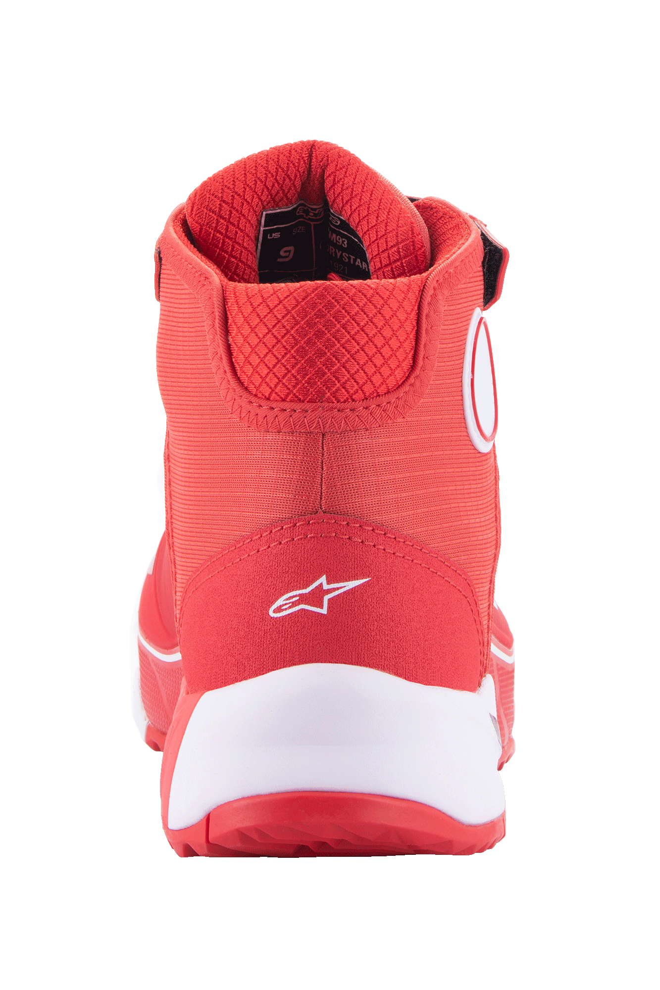 Scarpe da moto Alpinestars MM93 CR-X Drystar®, rosso vivace e bianco, vista posteriore del tallone con logo Alpinestars bianco, intersuola bianca spessa e collarino in mesh rosso imbottito