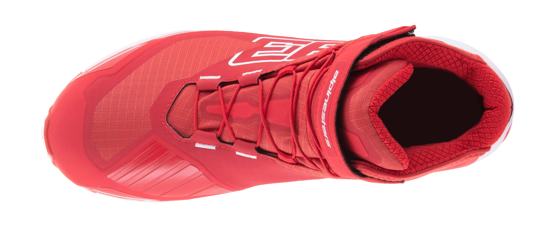Alpinestars MM93 CR-X Drystar Riding Shoe, rosso acceso e bianco, vista dall'alto con sistema di allacciatura e cinturino regolabile sulla caviglia, con grande grafica 93 e logo Alpinestars, calzatura da moto impermeabile con design ispirato alle scarpe da corsa