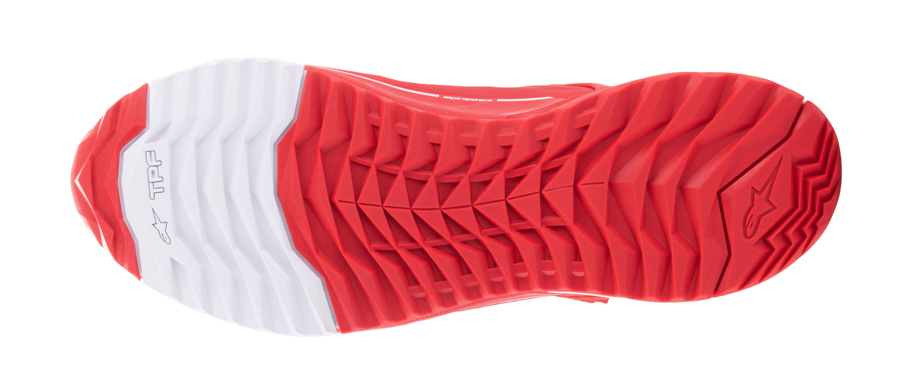 Alpinestars MM93 CR-X Drystar® Riding Shoes, vista della suola, rosso vivace e bianco, configurazione asimmetrica dei tacchetti per il grip, sezione del tallone bianca con logo a stella Alpinestars, doppia mescola in gomma resistente all'olio per stabilità e comfort nella camminata