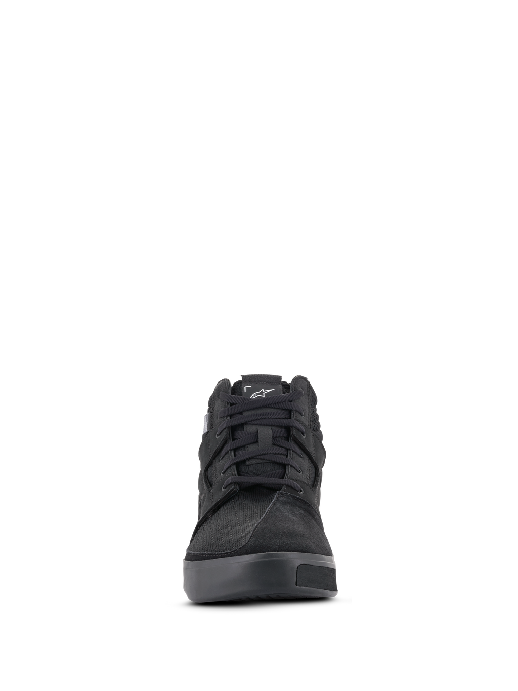 Scarpe da moto Alpinestars Primer, Nero, vista frontale di calzature da moto casual urban, tomaia in pelle scamosciata e tessuto, lacci neri, logo Astar bianco sulla linguetta