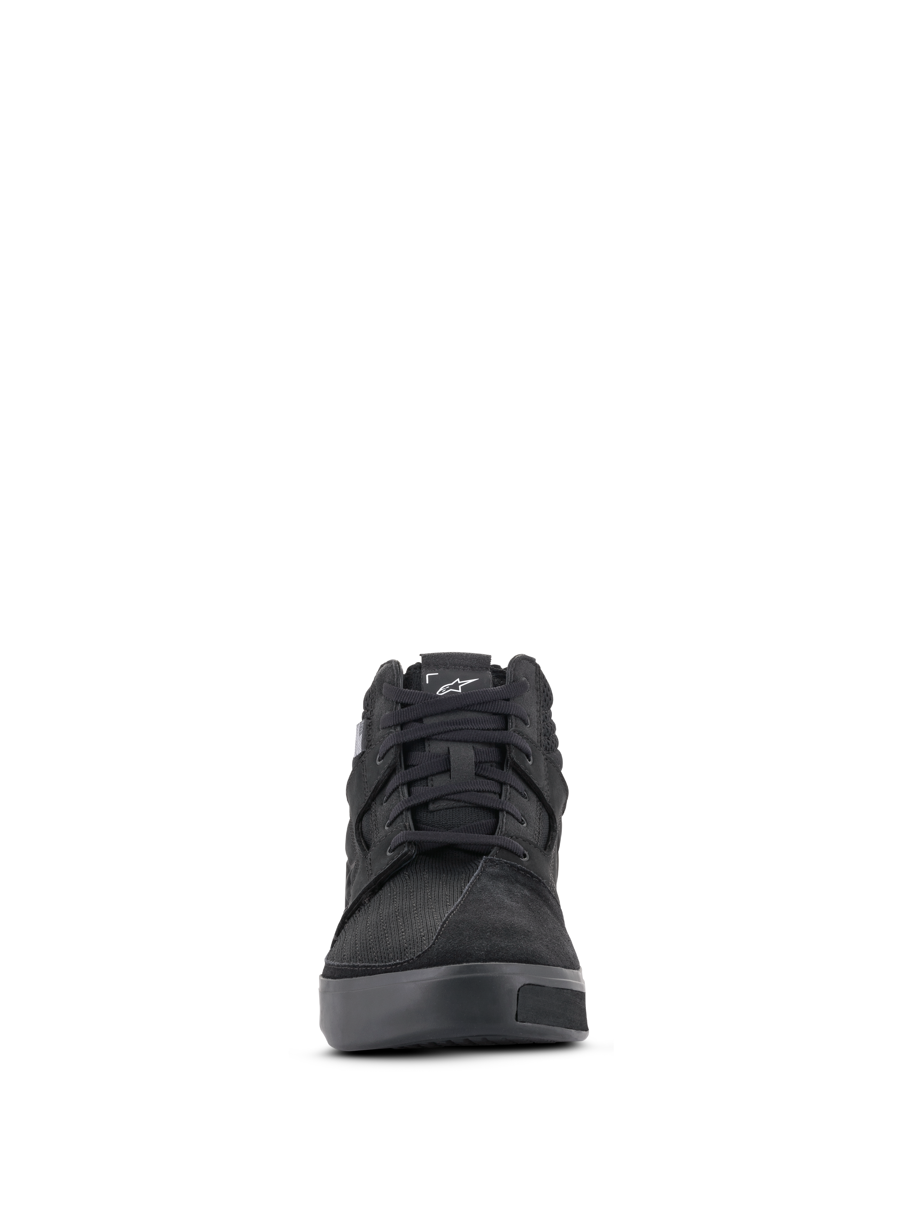 Scarpe da moto Alpinestars Primer, Nero, vista frontale di calzature da moto casual urban, tomaia in pelle scamosciata e tessuto, lacci neri, logo Astar bianco sulla linguetta