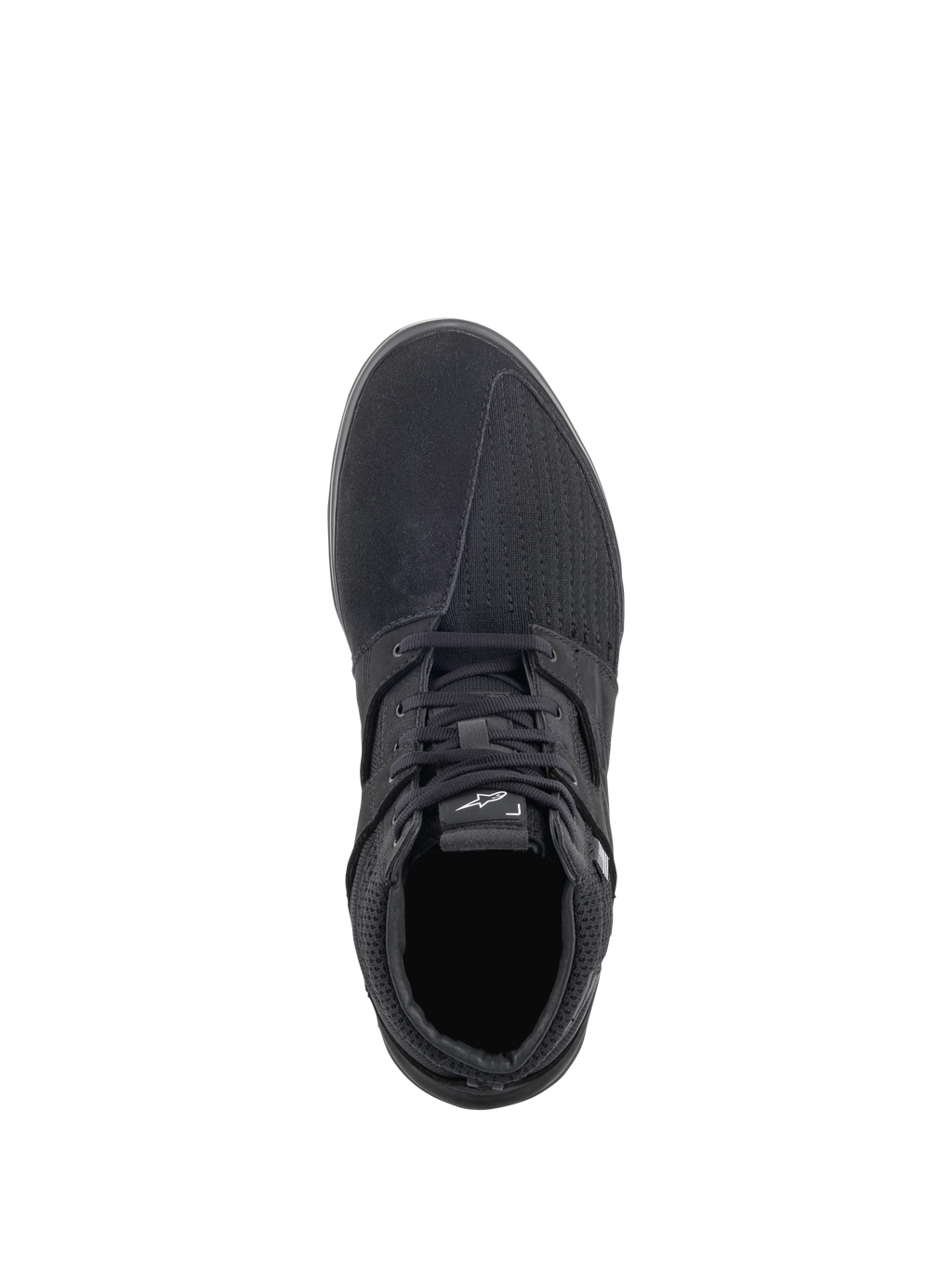 Scarpe da moto Alpinestars Primer, nero, vista dall'alto, calzature da moto urban casual con tomaia multimateriale in pelle scamosciata e mesh, chiusura con lacci e logo Alpinestars bianco sulla linguetta