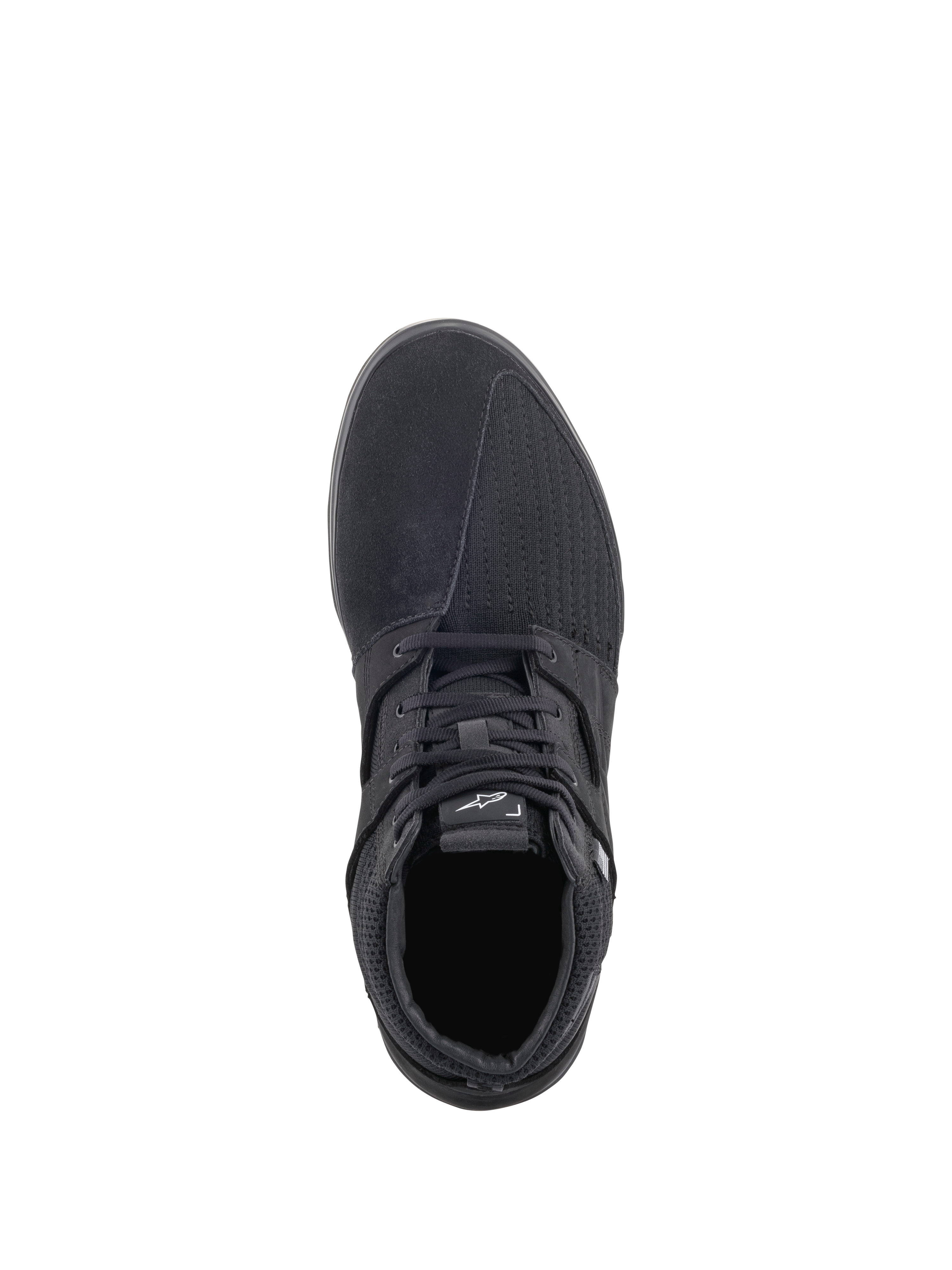 Scarpe da moto Alpinestars Primer, nero, vista dall'alto, calzature da moto urban casual con tomaia multimateriale in pelle scamosciata e mesh, chiusura con lacci e logo Alpinestars bianco sulla linguetta
