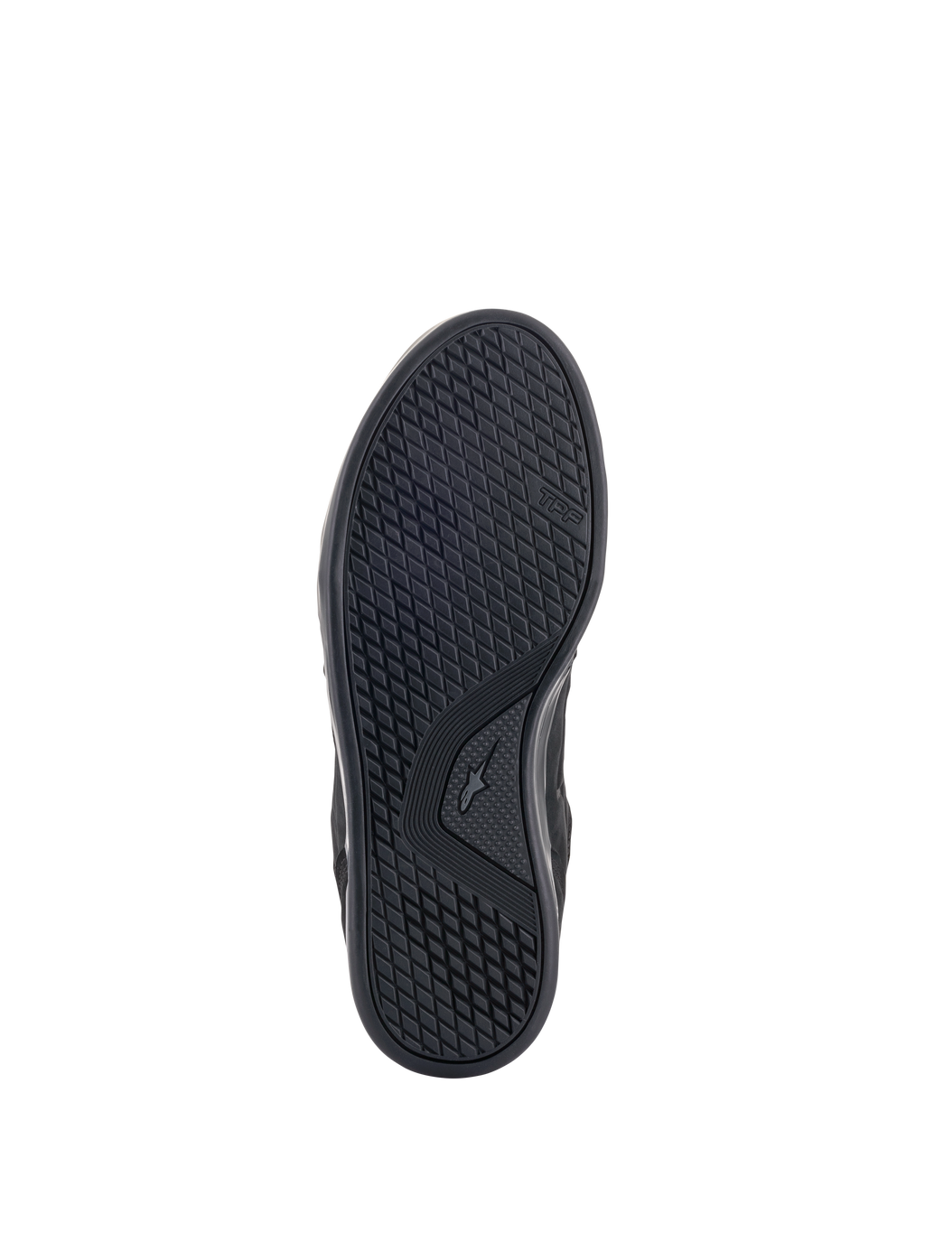 Alpinestars Primer Riding Shoes, vista della suola, nero, con suola in doppia mescola di gomma resistente agli oli, configurazione asimmetrica dei tacchetti per grip e alta resistenza all'abrasione, marchio TPF visibile lateralmente