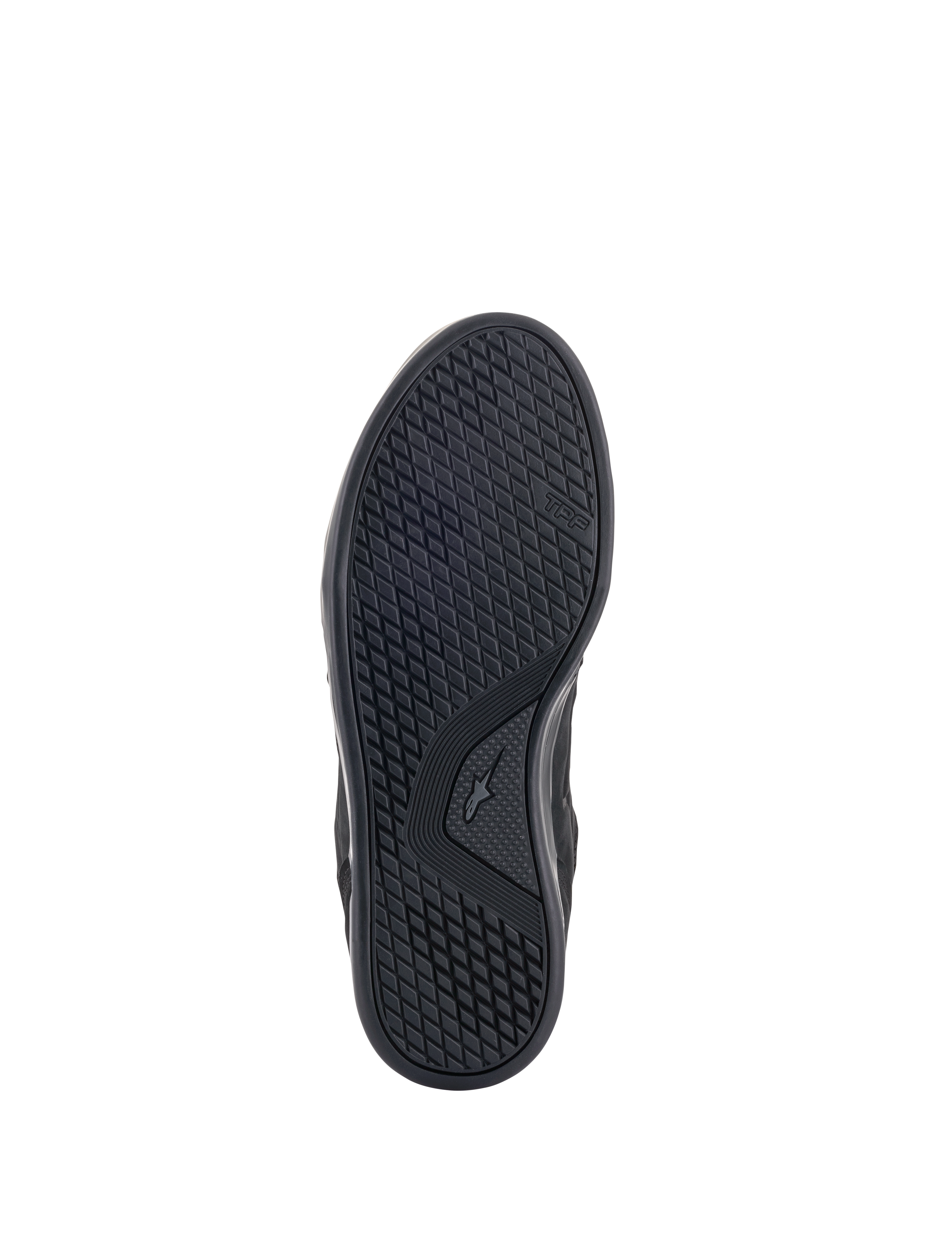 Alpinestars Primer Riding Shoes, vista della suola, nero, con suola in doppia mescola di gomma resistente agli oli, configurazione asimmetrica dei tacchetti per grip e alta resistenza all'abrasione, marchio TPF visibile lateralmente