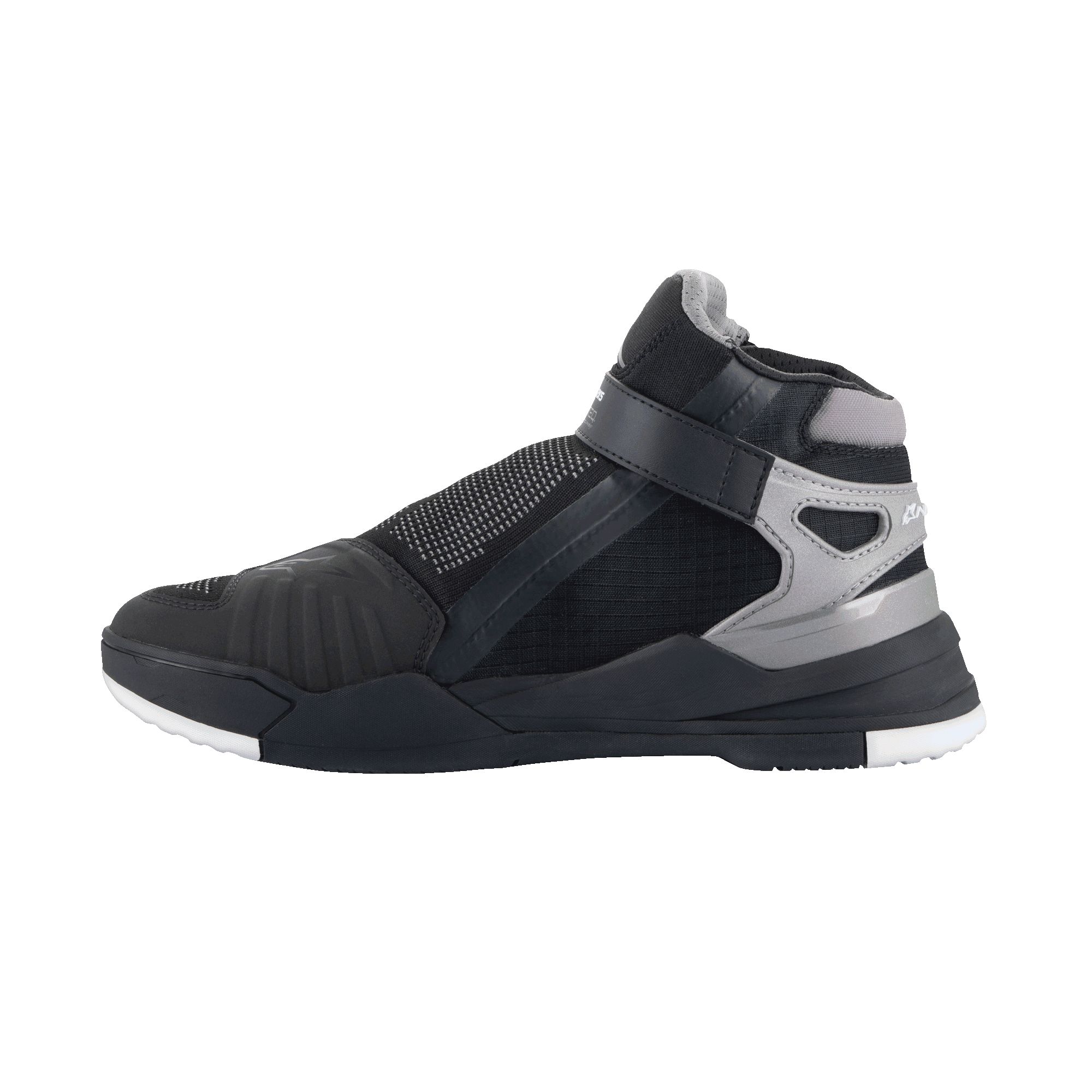 Scarpe Alpinestars Speedflight Street, scarpe da moto urbane, nero e gun metal, vista laterale di profilo con tomaia in mesh, rinforzi in TPU e chiusura laterale con cinturino, design sportivo ispirato alle sneaker