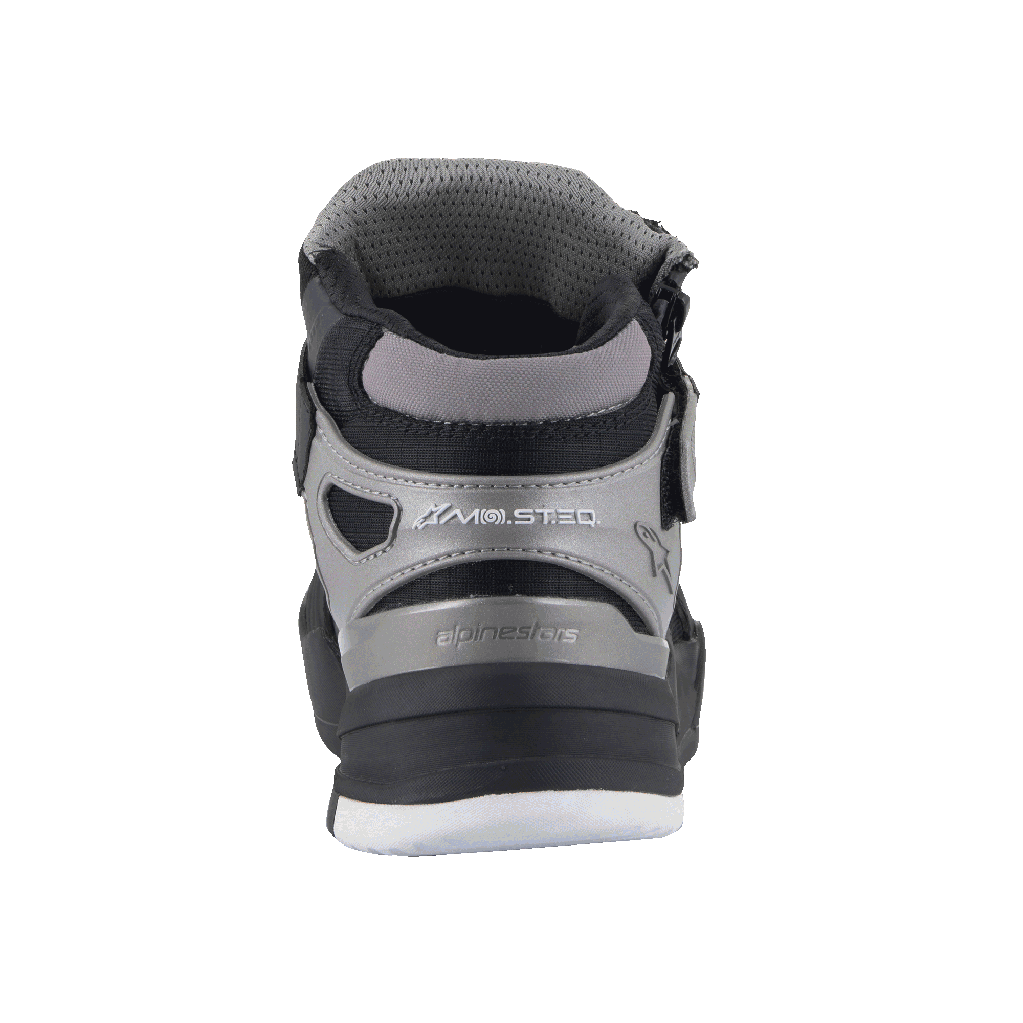 Scarpe Alpinestars Speedflight Street, Black Gun Metal, vista posteriore della scarpa da moto urbana, con logo MO.ST.EQ sul tallone, pannelli in mesh e materiale sintetico grigi e neri, suola testurizzata resistente