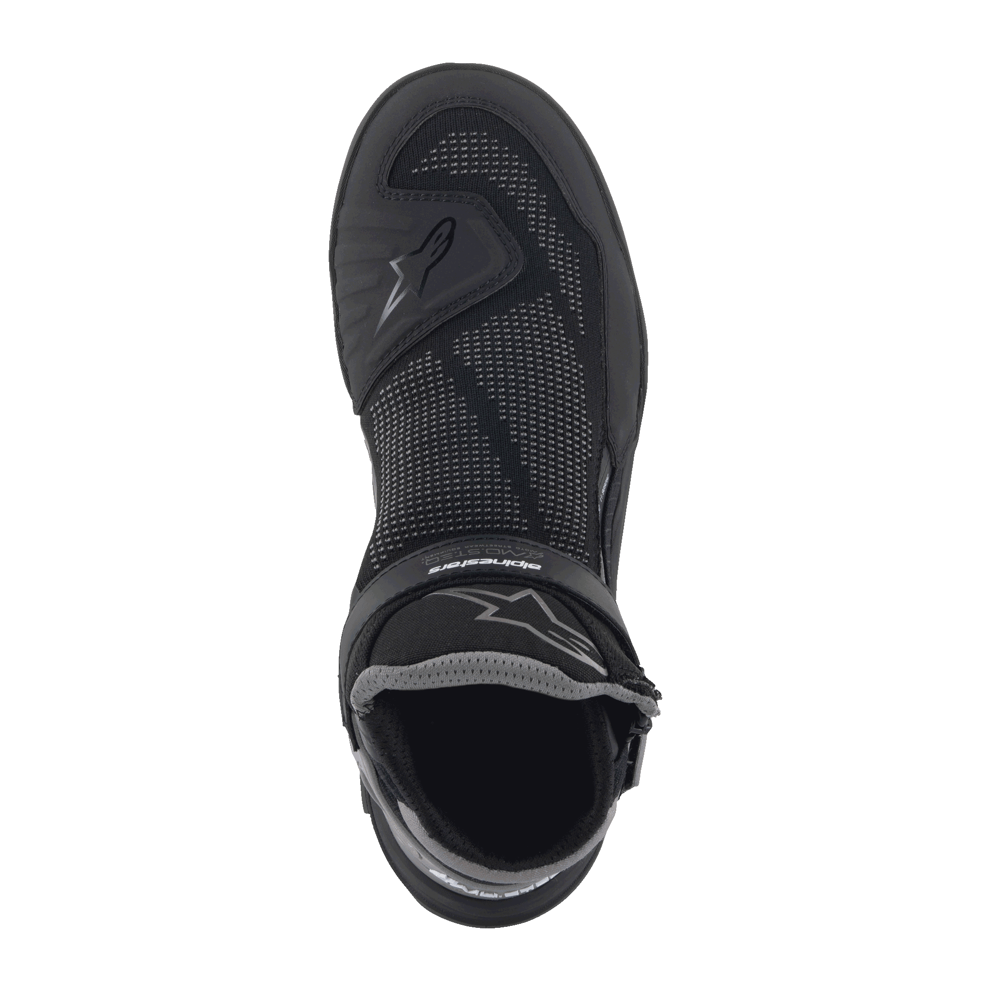 Alpinestars Speedflight Street Shoes, scarpe da moto urbane, nero gun metal, vista dall'alto di una singola scarpa con tomaia in mesh, rinforzi in TPU e cinturino a strappo