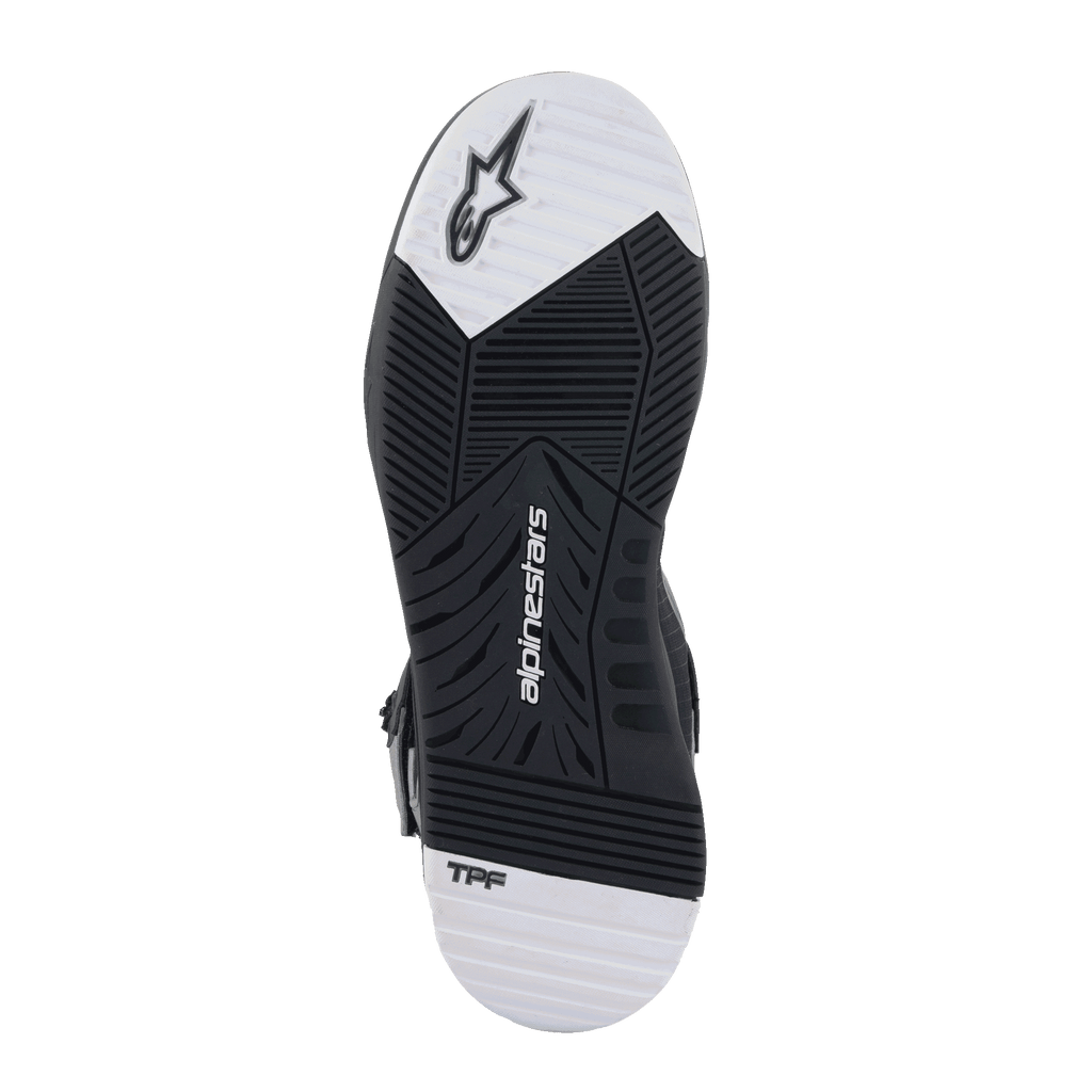 Scarpe Alpinestars Speedflight Street, vista della suola, suola in gomma a doppia densità bianca e nera con battistrada conico, logo Alpinestars e marchio TPF, calzature urbane da moto