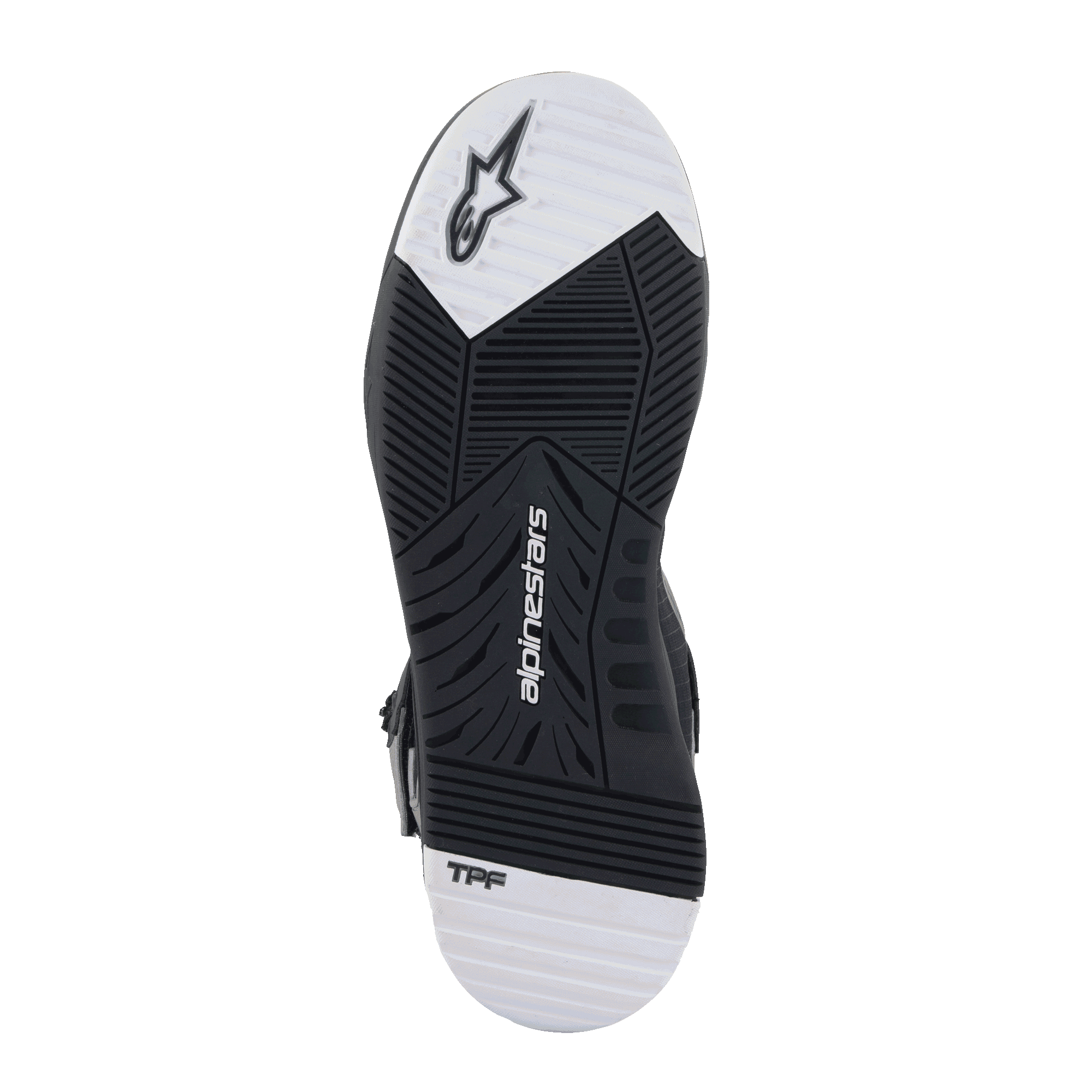 Scarpe Alpinestars Speedflight Street, vista della suola, suola in gomma a doppia densità bianca e nera con battistrada conico, logo Alpinestars e marchio TPF, calzature urbane da moto