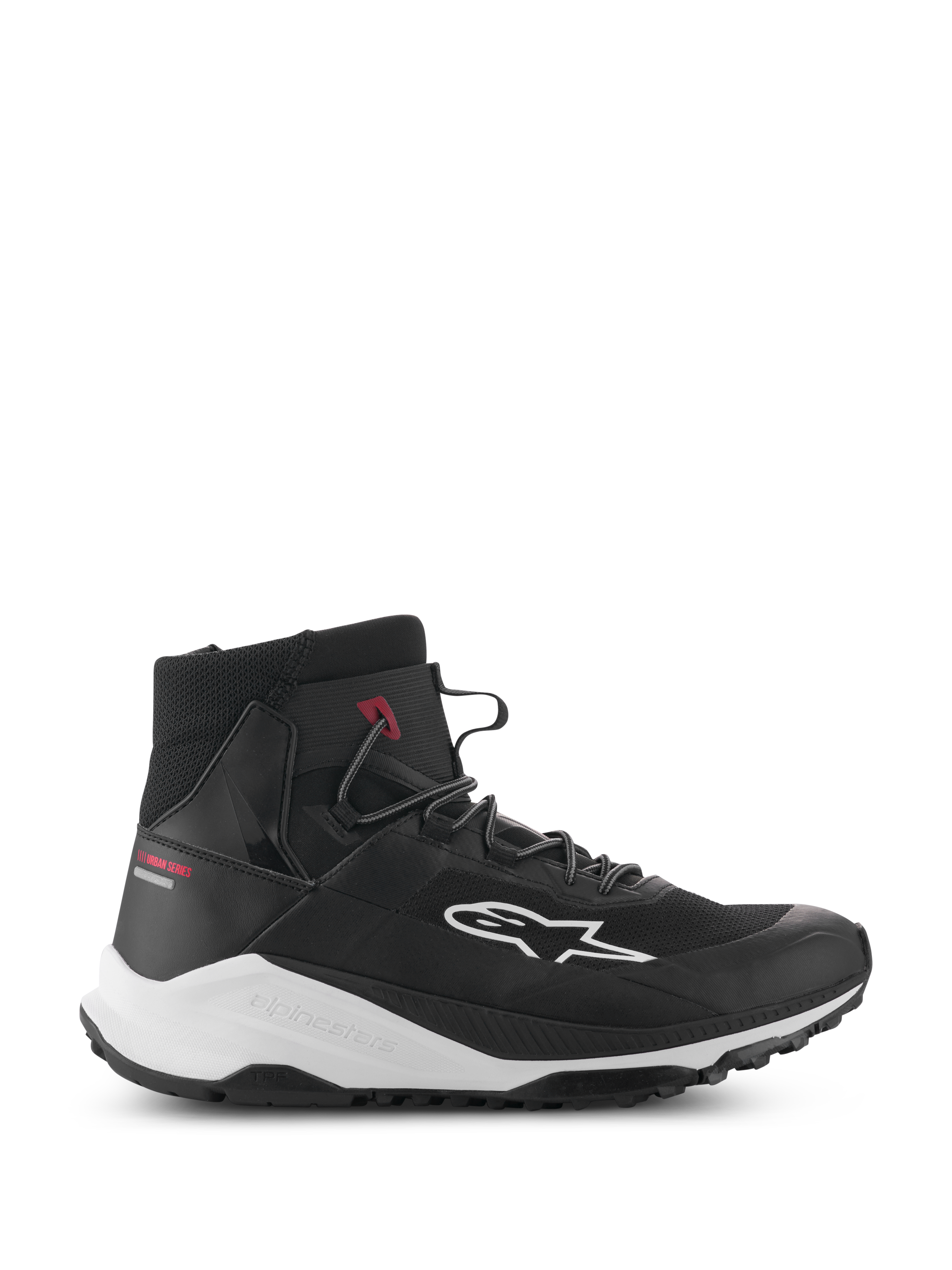 Scarpe Alpinestars Speedforce XR, sneaker da moto alte nere e bianche, calzature per guida urbana, profilo laterale con tomaia in tessuto mesh, logo laterale bianco, spessa intersuola bianca con marchio Alpinestars e scritta rossa Urban Series sul tallone