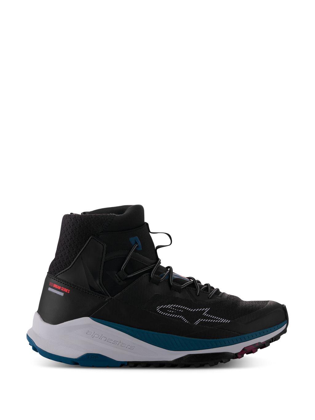 Alpinestars Speedforce XR Shoes, sneaker da moto urban alta nera, colletto alla caviglia in mesh traspirante testurizzato, intersuola bianca con accenti verde petrolio, suola nera robusta con dettagli rosa, logo a stella tratteggiato sul lato, collezione Urban Series, calzatura moderna per guida urbana