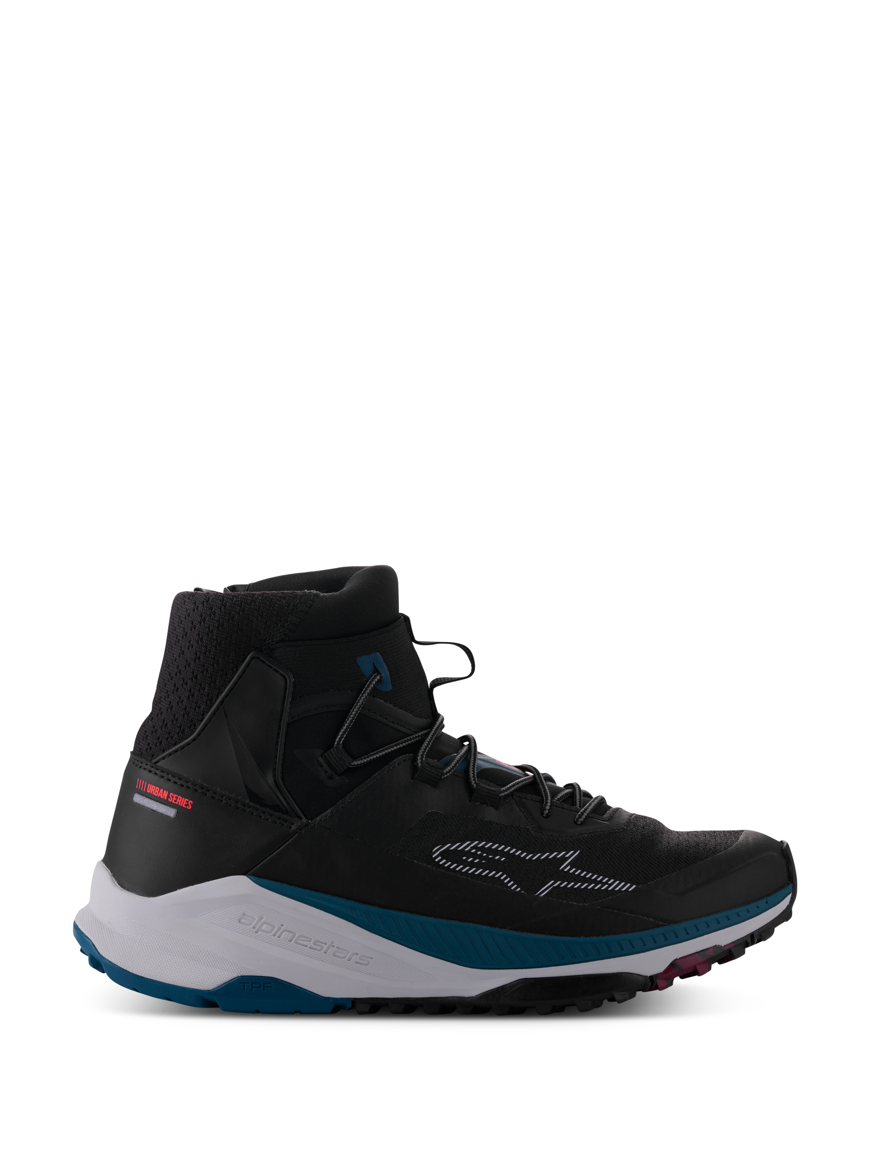 Alpinestars Speedforce XR Shoes, sneaker da moto urban alta nera, colletto alla caviglia in mesh traspirante testurizzato, intersuola bianca con accenti verde petrolio, suola nera robusta con dettagli rosa, logo a stella tratteggiato sul lato, collezione Urban Series, calzatura moderna per guida urbana