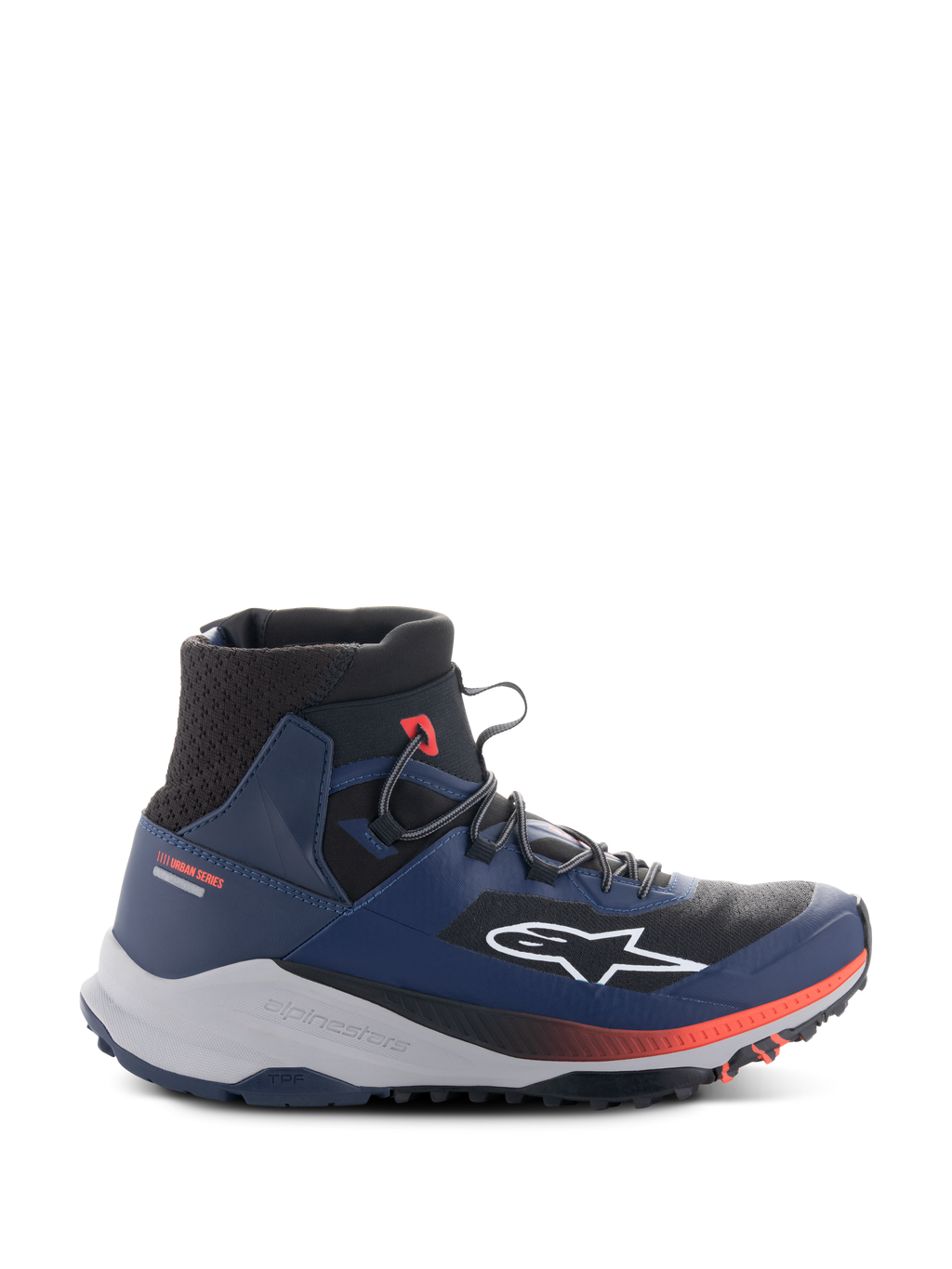 Alpinestars Speedforce XR Shoes, sneaker da moto urban alte, blu e nero con accenti rossi, suola robusta grigio chiaro, texture in mesh sulla caviglia, vista laterale