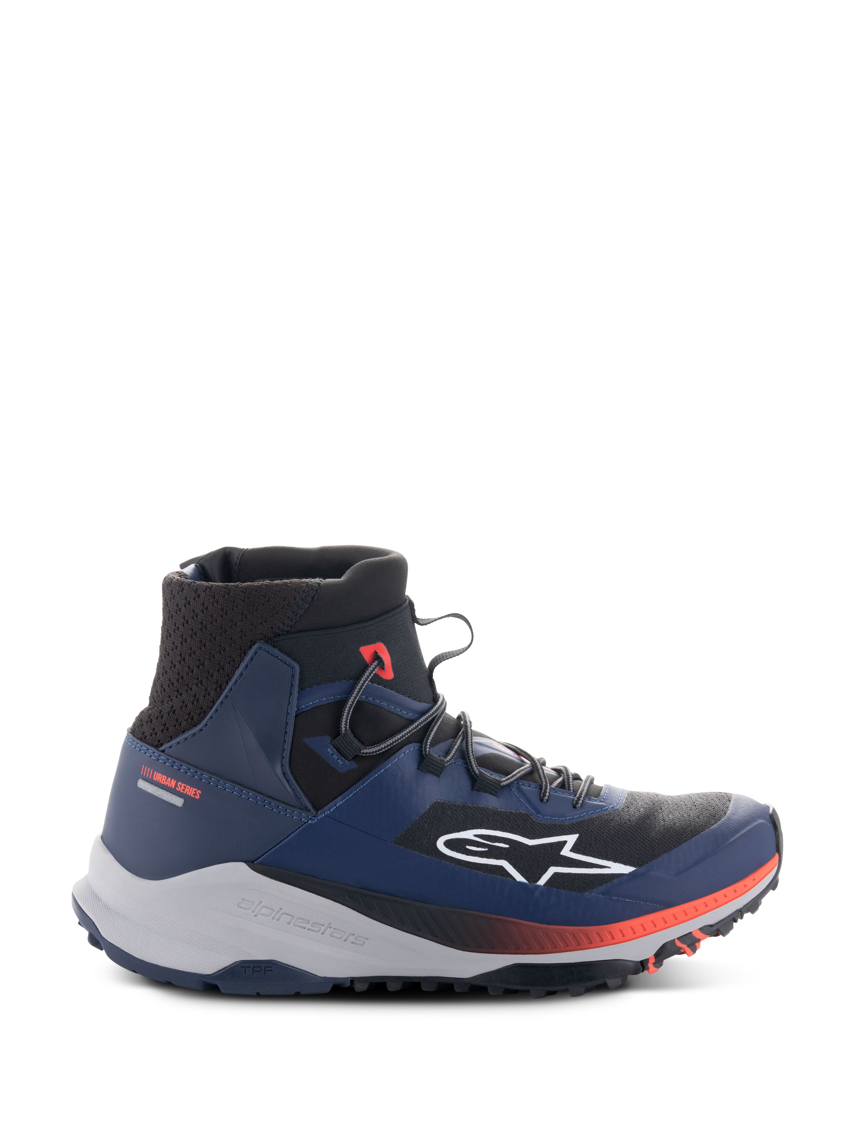 Alpinestars Speedforce XR Shoes, sneaker da moto urban alte, blu e nero con accenti rossi, suola robusta grigio chiaro, texture in mesh sulla caviglia, vista laterale