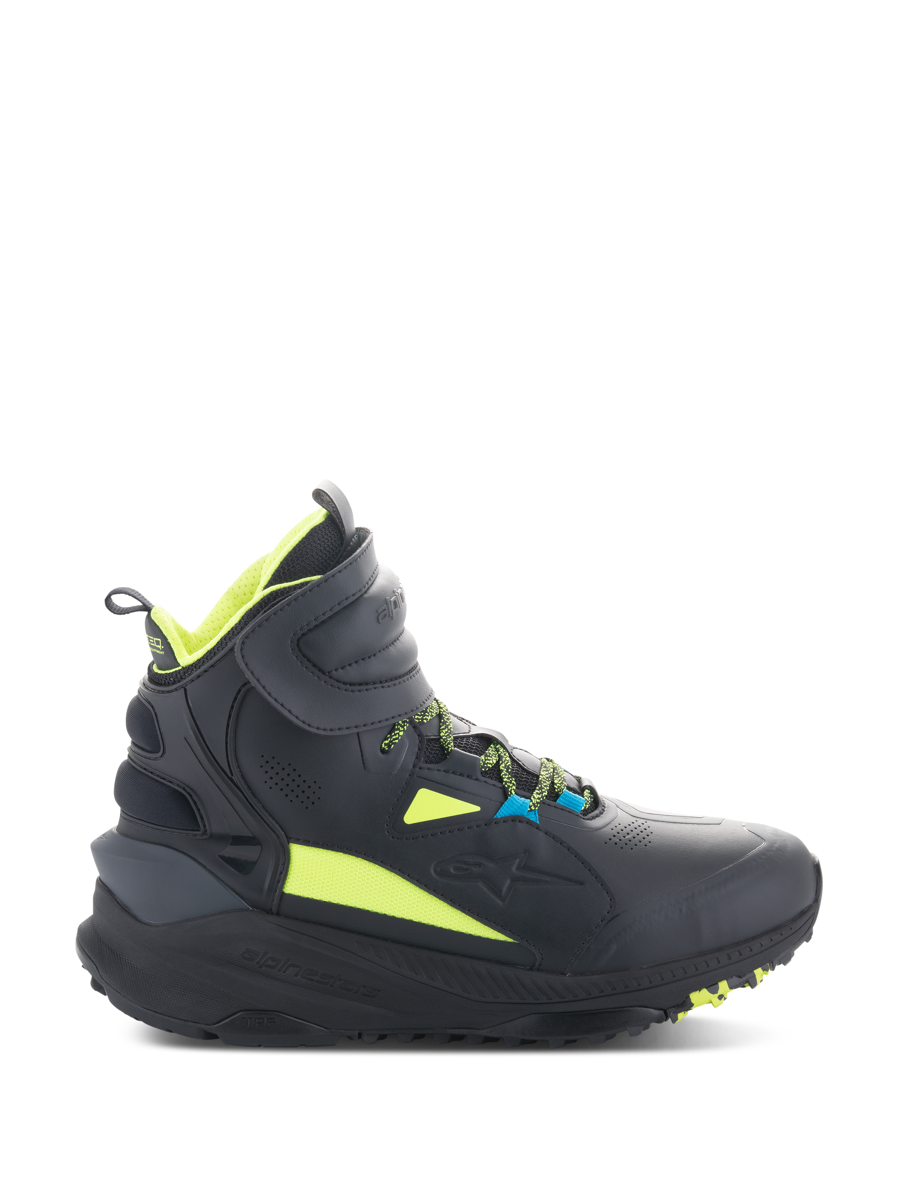 Alpinestars Speedstreet Shoes, sneaker da moto alte nere con dettagli giallo neon e blu, suola spessa texturizzata, colletto imbottito e design sportivo moderno per la guida urbana