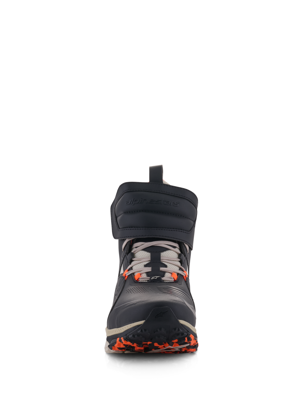 Alpinestars Speedstreet Shoes, scarpe da moto urbane, Nero Almond e Hot Orange, vista frontale con grande fascia a strappo sulla caviglia, chiusura con lacci e accenti arancioni sulla suola