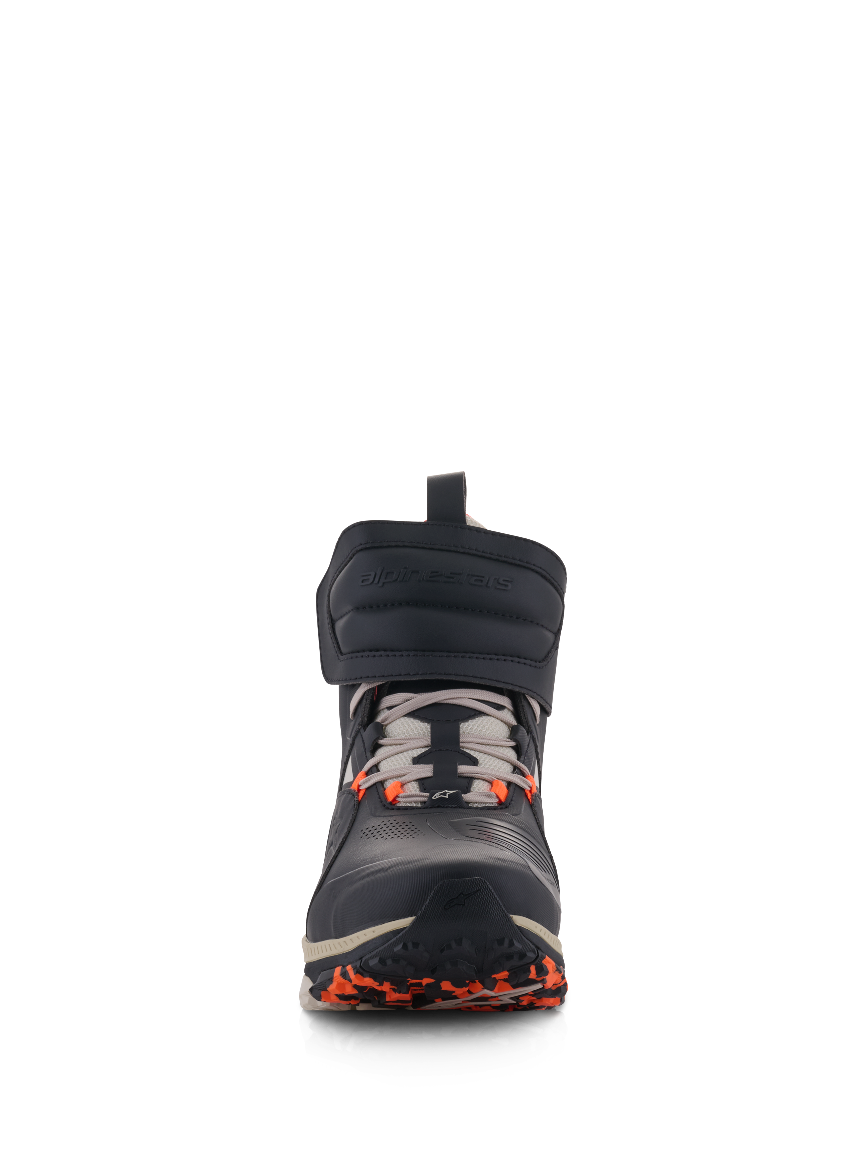 Alpinestars Speedstreet Shoes, scarpe da moto urbane, Nero Almond e Hot Orange, vista frontale con grande fascia a strappo sulla caviglia, chiusura con lacci e accenti arancioni sulla suola