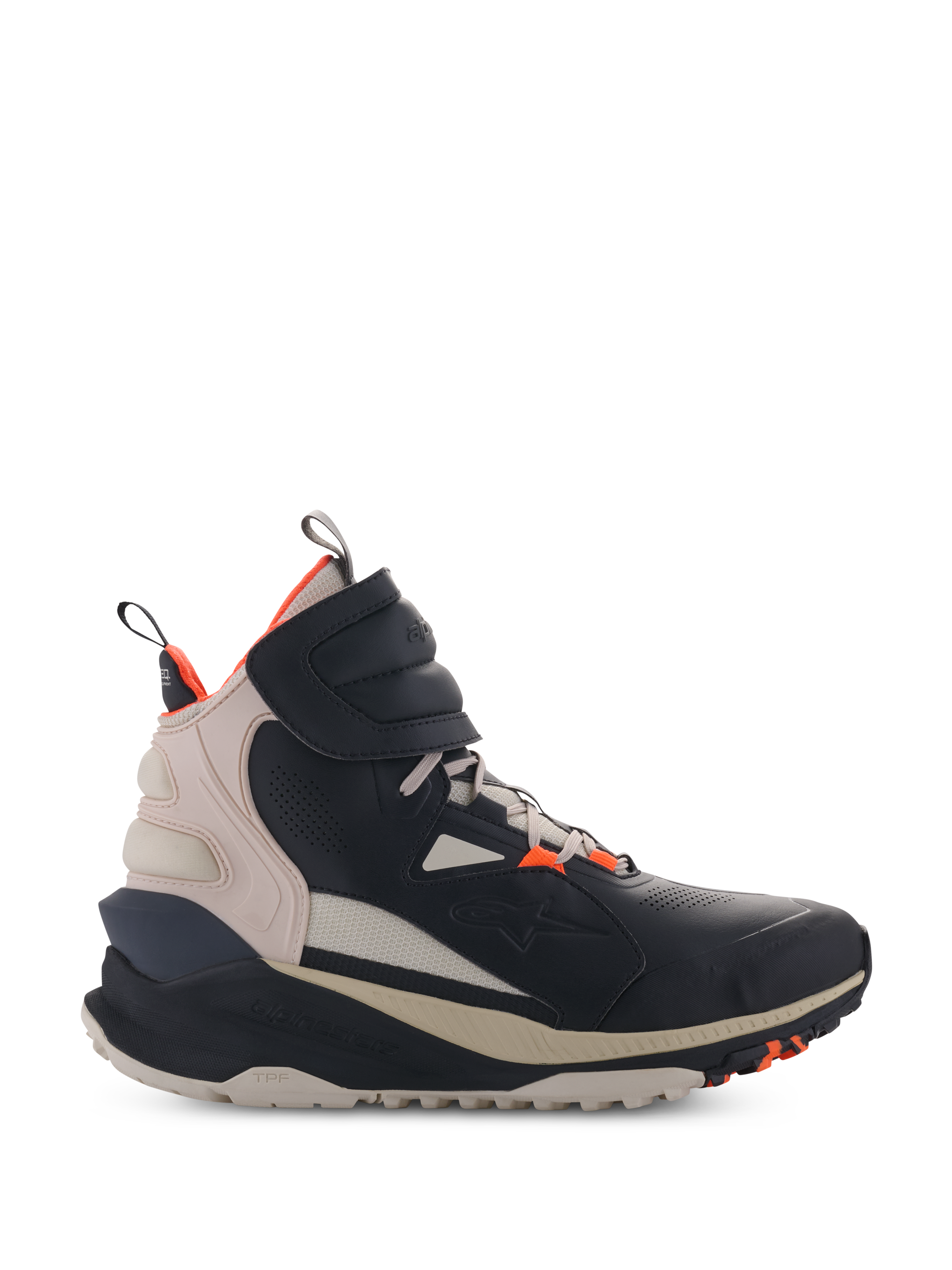 Alpinestars Speedstreet Shoes, sneaker da moto alta, nero e mandorla con accenti Hot Orange, tomaia in microfibra stile street con dettagli traforati, suola ergonomica spessa, design moderno per guida urbana con cinturino a strappo