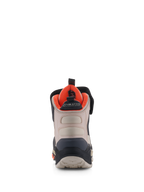 Alpinestars Speedstreet Shoes, scarpe da moto, nero, almond e arancione acceso, vista posteriore che mostra il contrafforte del tallone rinforzato, pannelli in microfibra almond, fodera interna arancione vivace e marchio MO.ST.EQ.