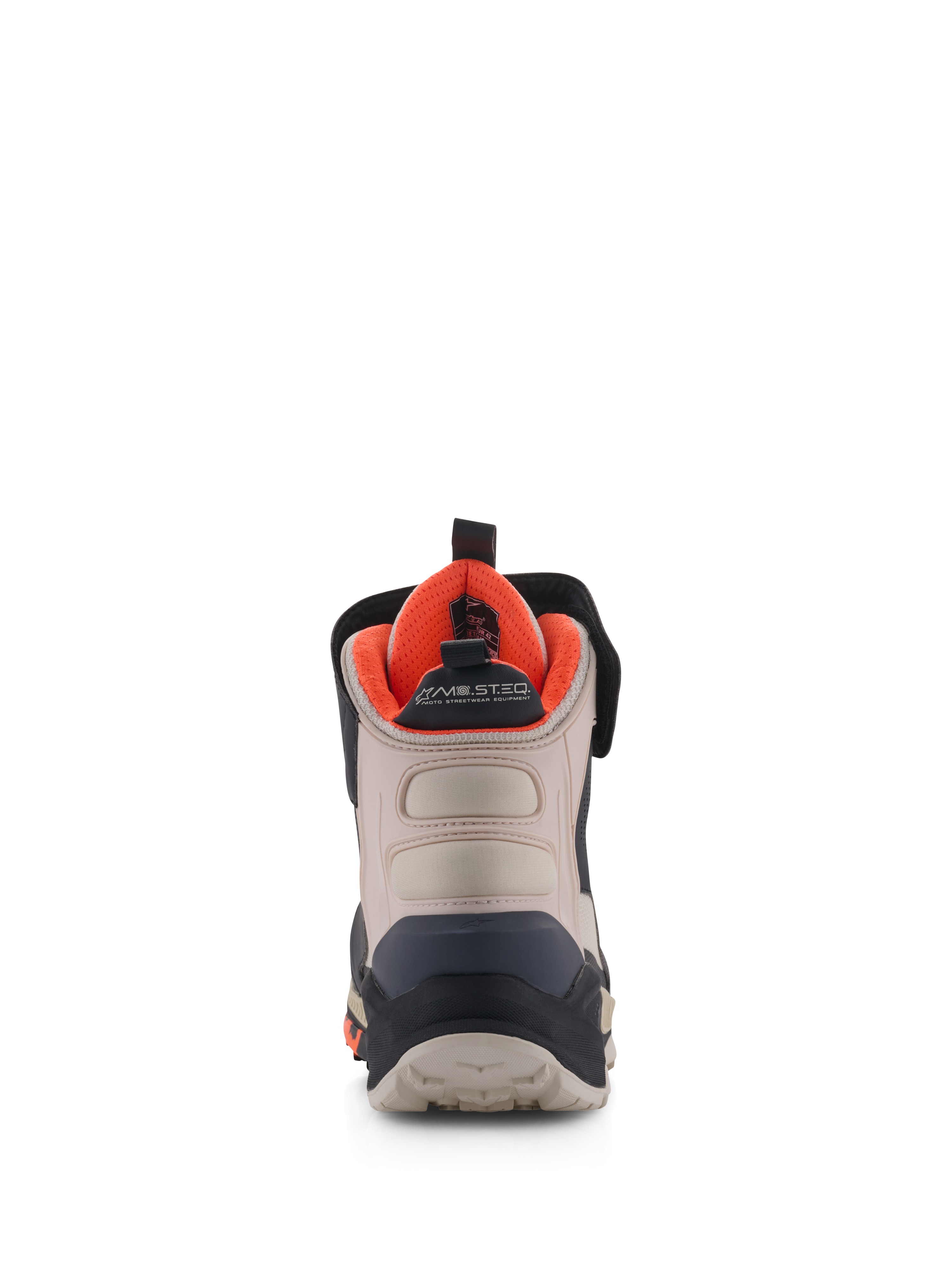 Alpinestars Speedstreet Shoes, scarpe da moto, nero, almond e arancione acceso, vista posteriore che mostra il contrafforte del tallone rinforzato, pannelli in microfibra almond, fodera interna arancione vivace e marchio MO.ST.EQ.