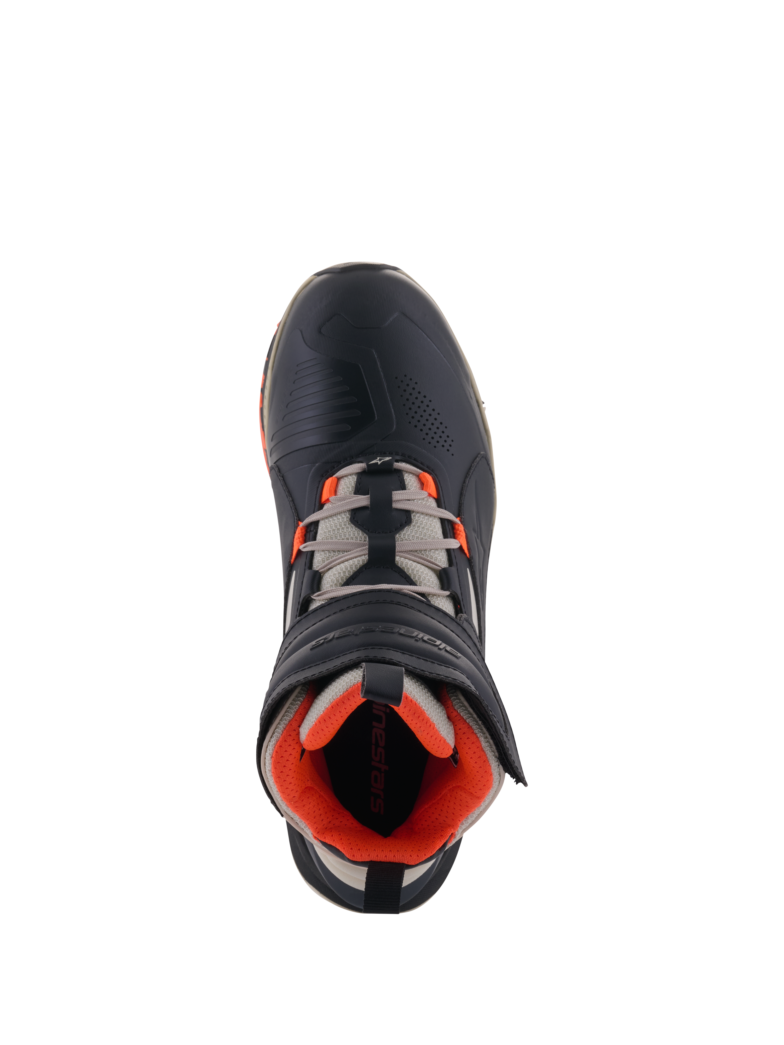 Alpinestars Speedstreet Shoes, scarpe da moto, Nero Mandorla Arancione Acceso, vista dall'alto con tomaia in microfibra nera e accenti arancioni, lacci grigio mandorla e fascia ergonomica con chiusura a strappo, design urbano ispirato al motorsport