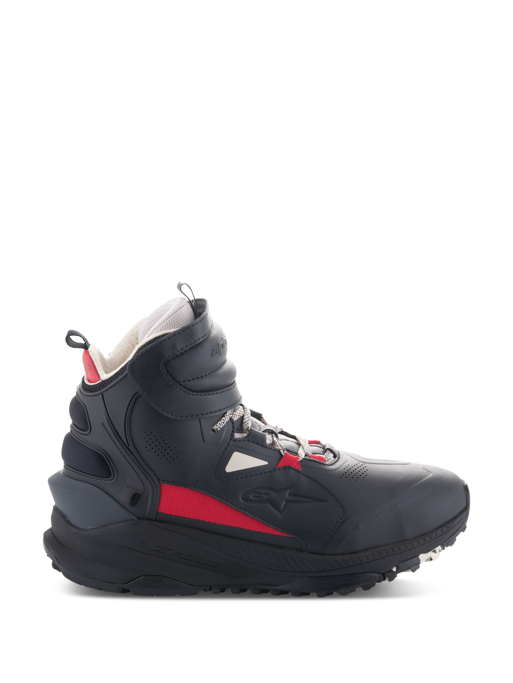 Alpinestars Speedstreet Shoes, scarpe da moto, nero, ecru e rosso acceso, profilo laterale modello alto, design ispirato allo streetwear, colletto imbottito, suola spessa con marchio TPF, equipaggiamento protettivo per la guida urbana