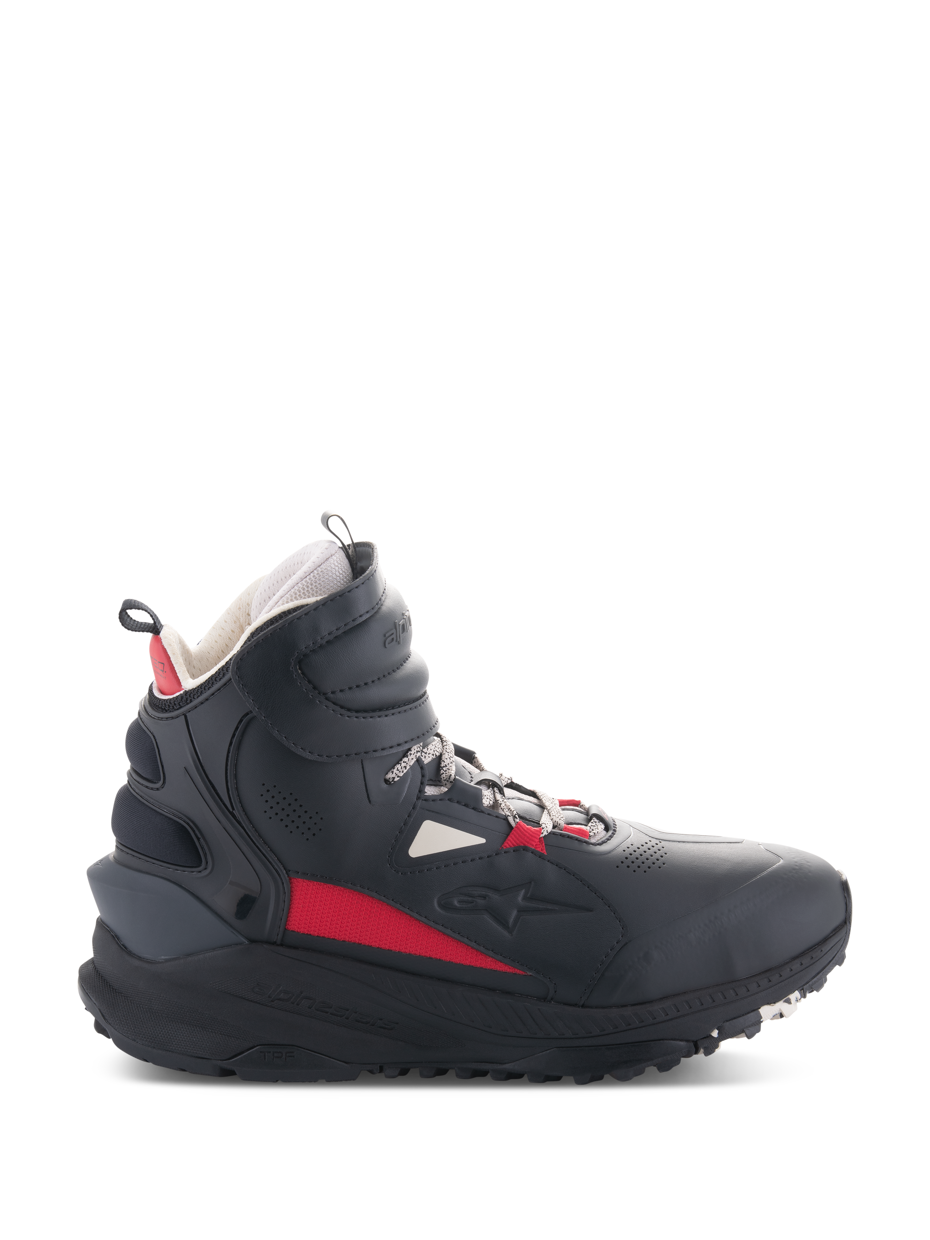 Alpinestars Speedstreet Shoes, scarpe da moto, nero, ecru e rosso acceso, profilo laterale modello alto, design ispirato allo streetwear, colletto imbottito, suola spessa con marchio TPF, equipaggiamento protettivo per la guida urbana