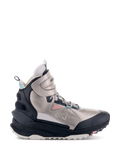 Alpinestars Speedstreet Shoes, scarpe da moto alte, ecru, corallo, nero e acqua, tomaia in microfibra metallizzata color argento con pannelli protettivi neri, accenti rosa corallo e blu acqua, suola spessa con marchio TPF, design streetwear urbano