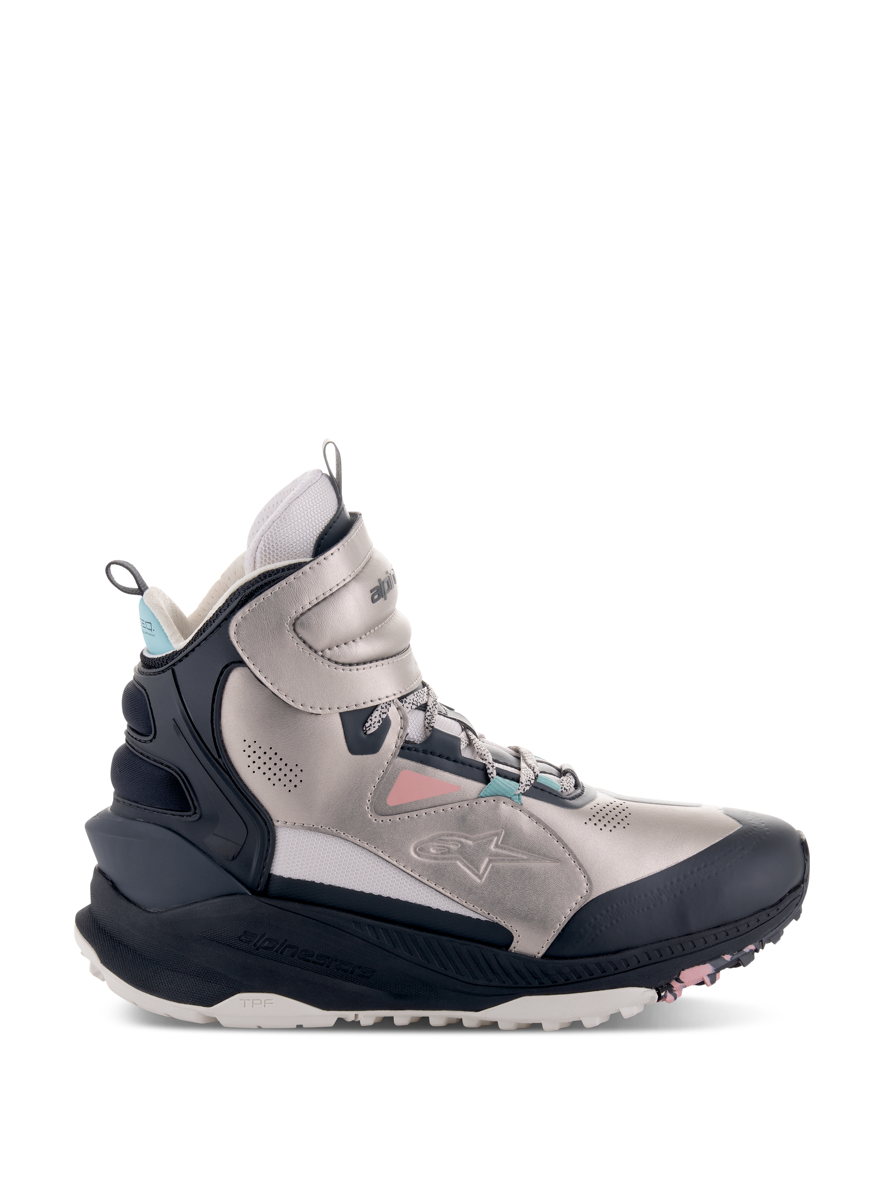 Alpinestars Speedstreet Shoes, scarpe da moto alte, ecru, corallo, nero e acqua, tomaia in microfibra metallizzata color argento con pannelli protettivi neri, accenti rosa corallo e blu acqua, suola spessa con marchio TPF, design streetwear urbano