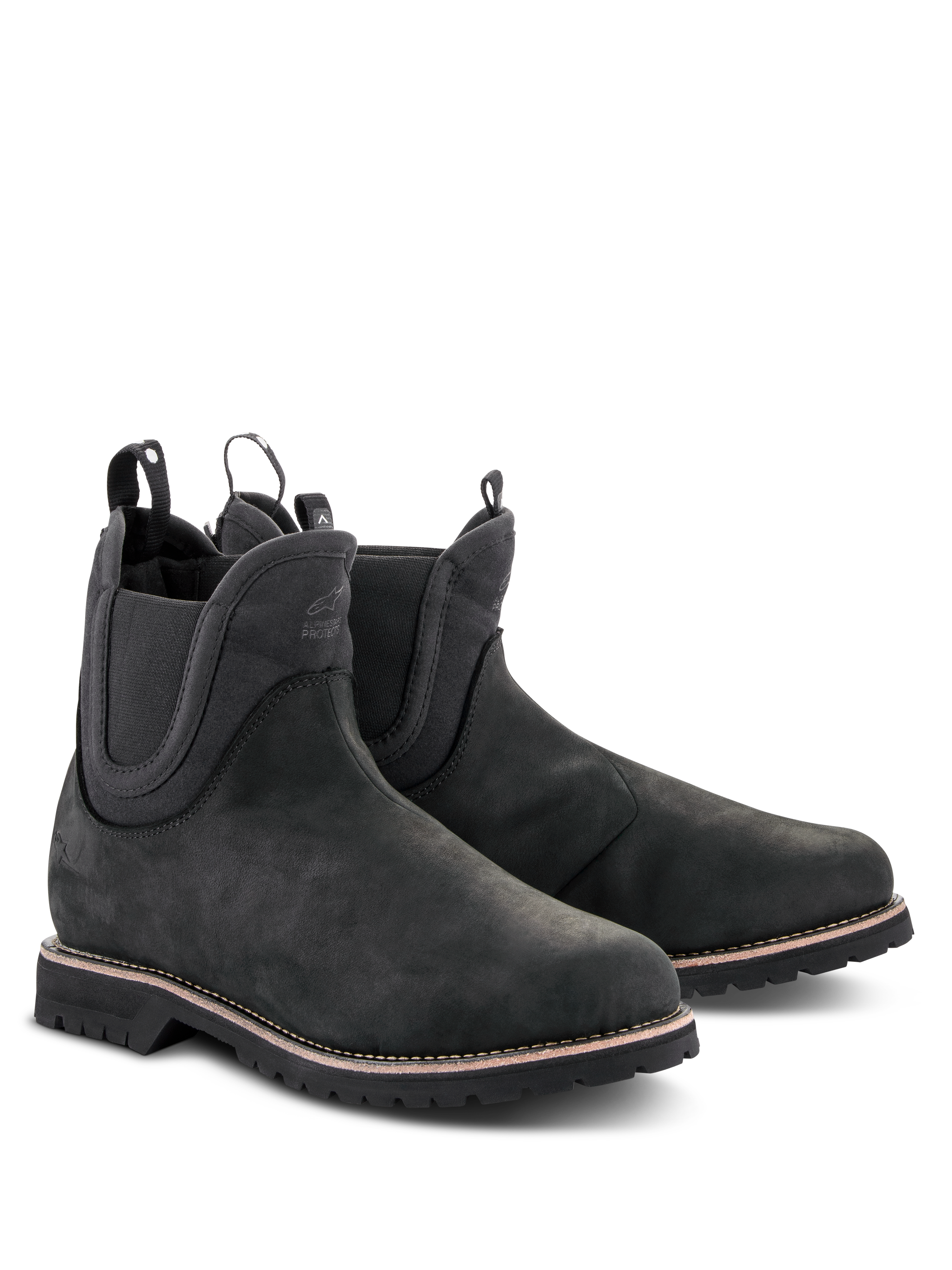 Scarpe Alpinestars Turnstone, stivali da moto neri stile Chelsea, tomaia in pelle bovina opaca con pannelli laterali elastici e linguette posteriori, calzature da guida urbana con suola carrarmato robusta e cuciture bianche sul guardolo