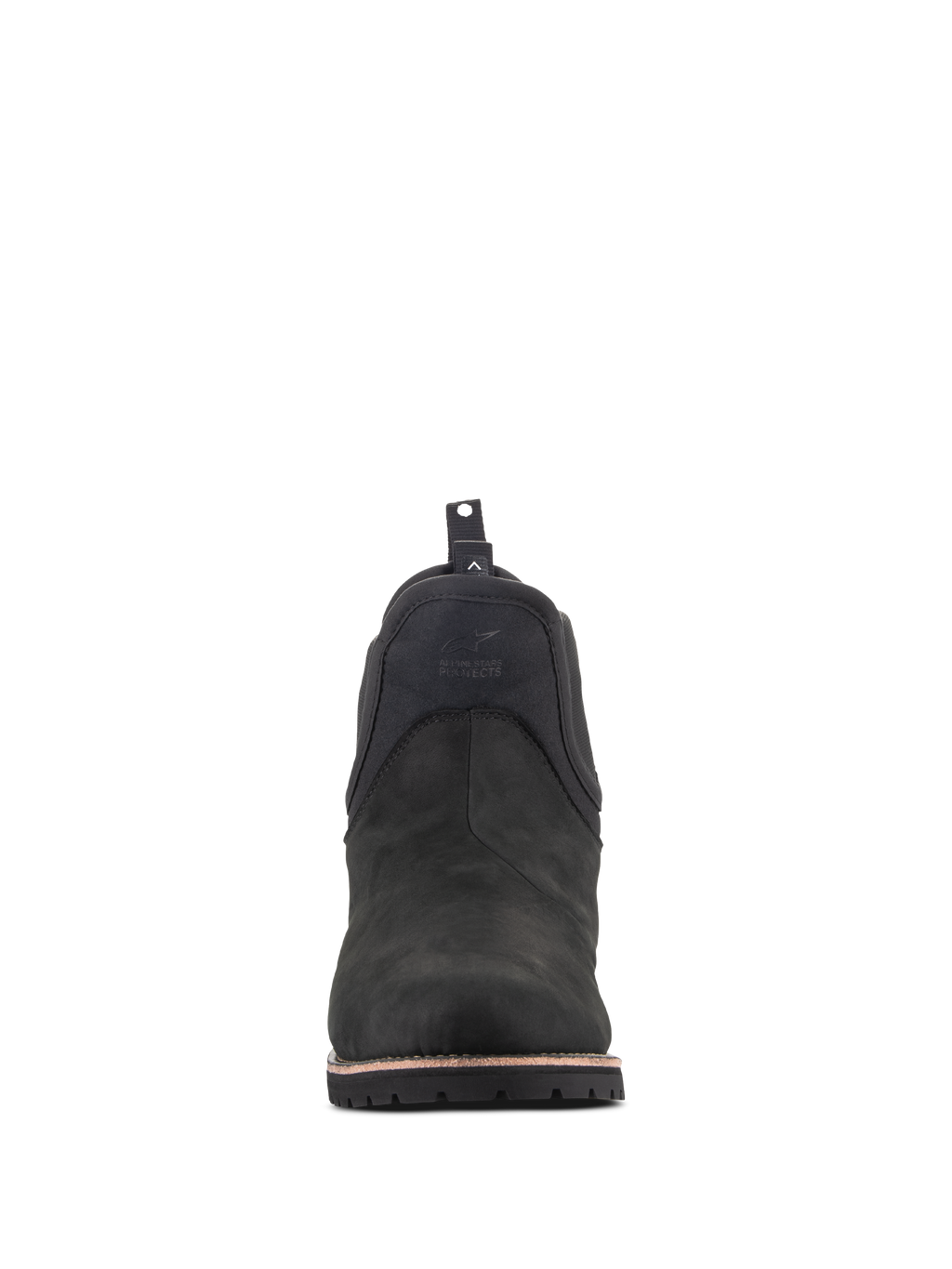 Scarpe Alpinestars Turnstone, scarpe da moto urban, Nero, vista frontale di uno stivale stile Chelsea in pelle bovina, con logo impresso sulla parte anteriore e linguetta posteriore.
