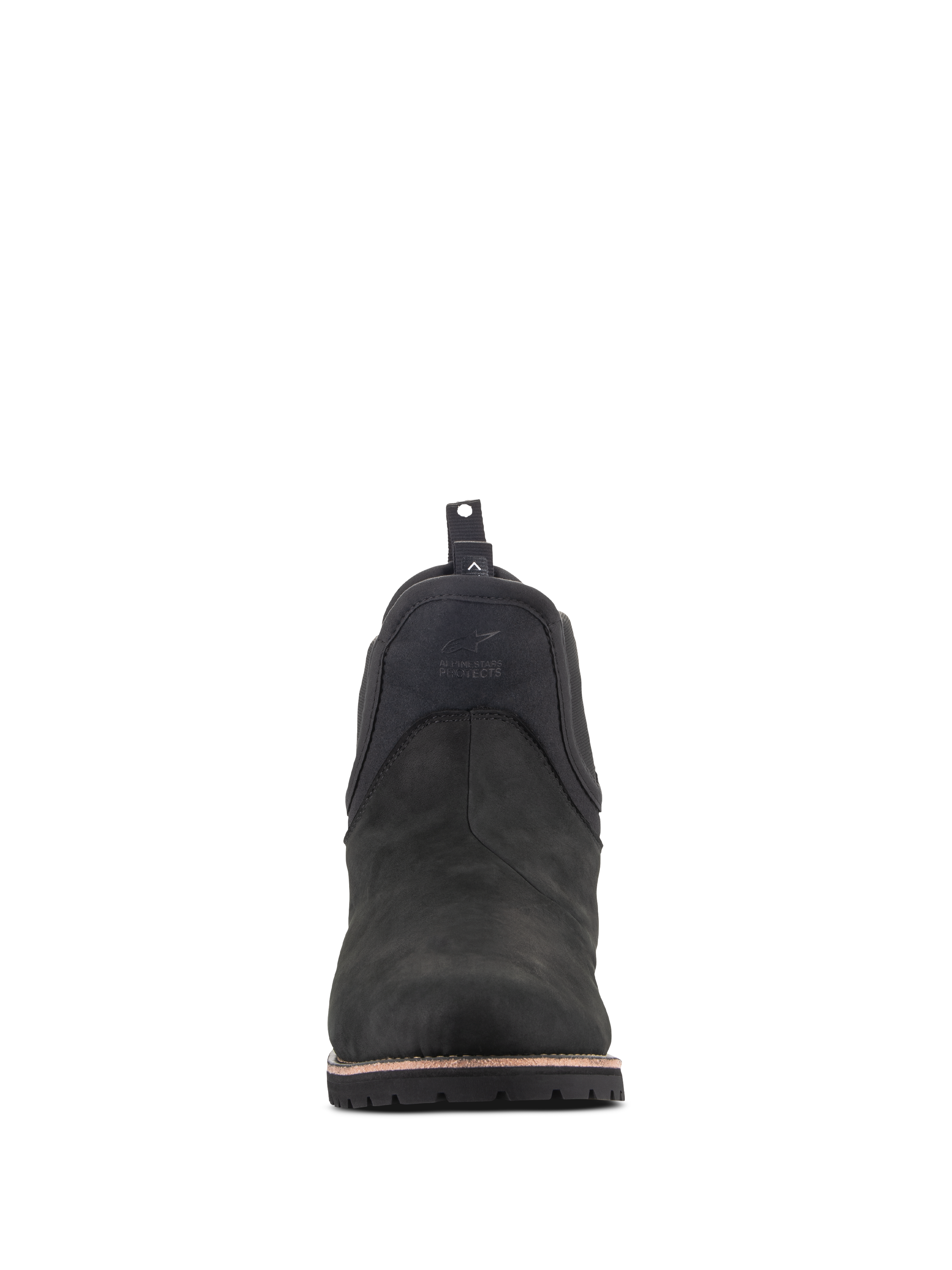 Scarpe Alpinestars Turnstone, scarpe da moto urban, Nero, vista frontale di uno stivale stile Chelsea in pelle bovina, con logo impresso sulla parte anteriore e linguetta posteriore.