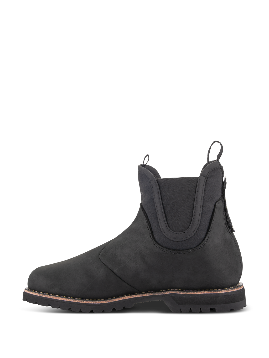 Alpinestars Scarpe Turnstone, stivale da moto nero in stile Chelsea, vista laterale di profilo, realizzato in pelle bovina da 1,5 mm con pannelli elastici sulla caviglia e linguette anteriori e posteriori