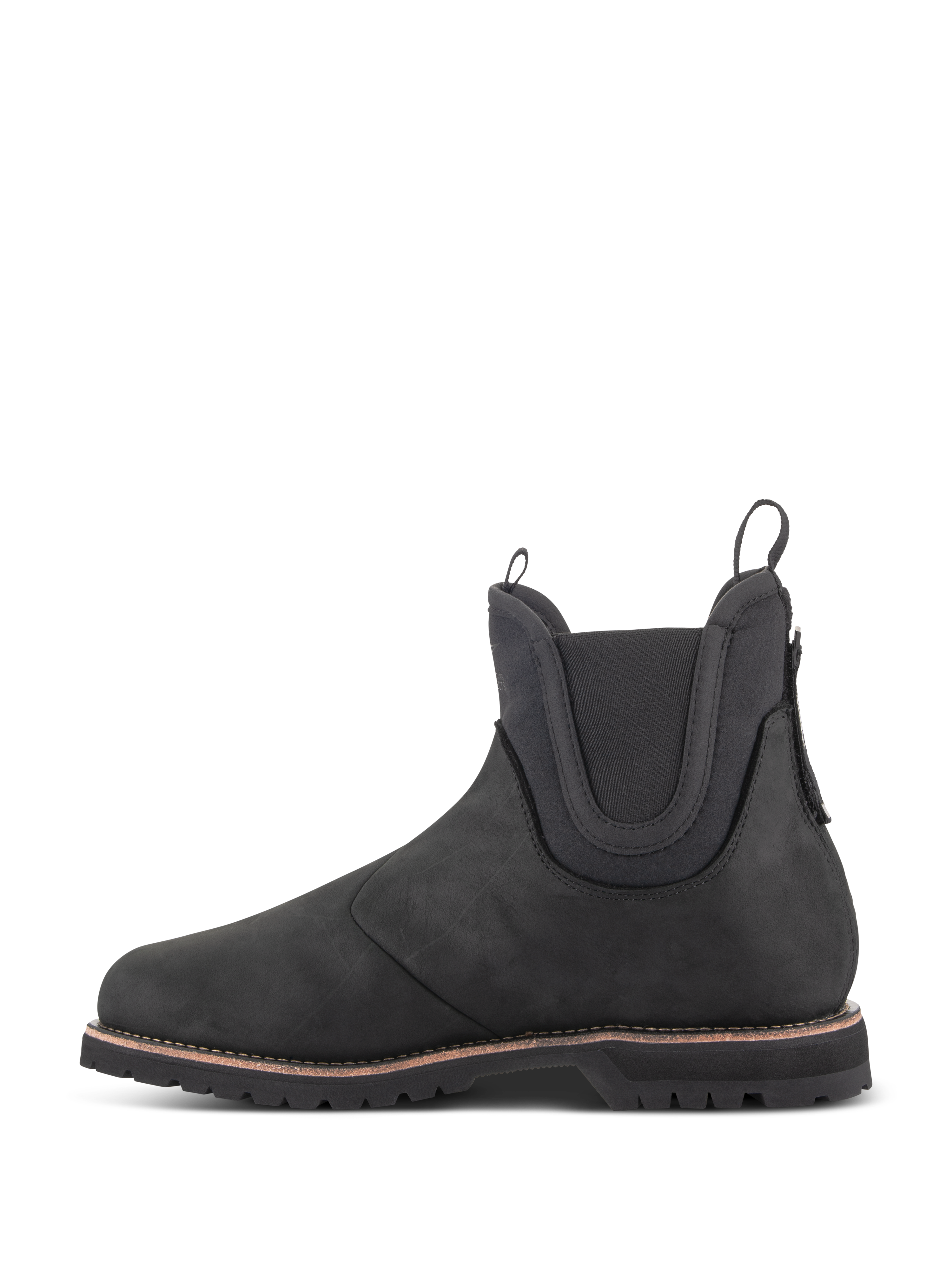Alpinestars Scarpe Turnstone, stivale da moto nero in stile Chelsea, vista laterale di profilo, realizzato in pelle bovina da 1,5 mm con pannelli elastici sulla caviglia e linguette anteriori e posteriori